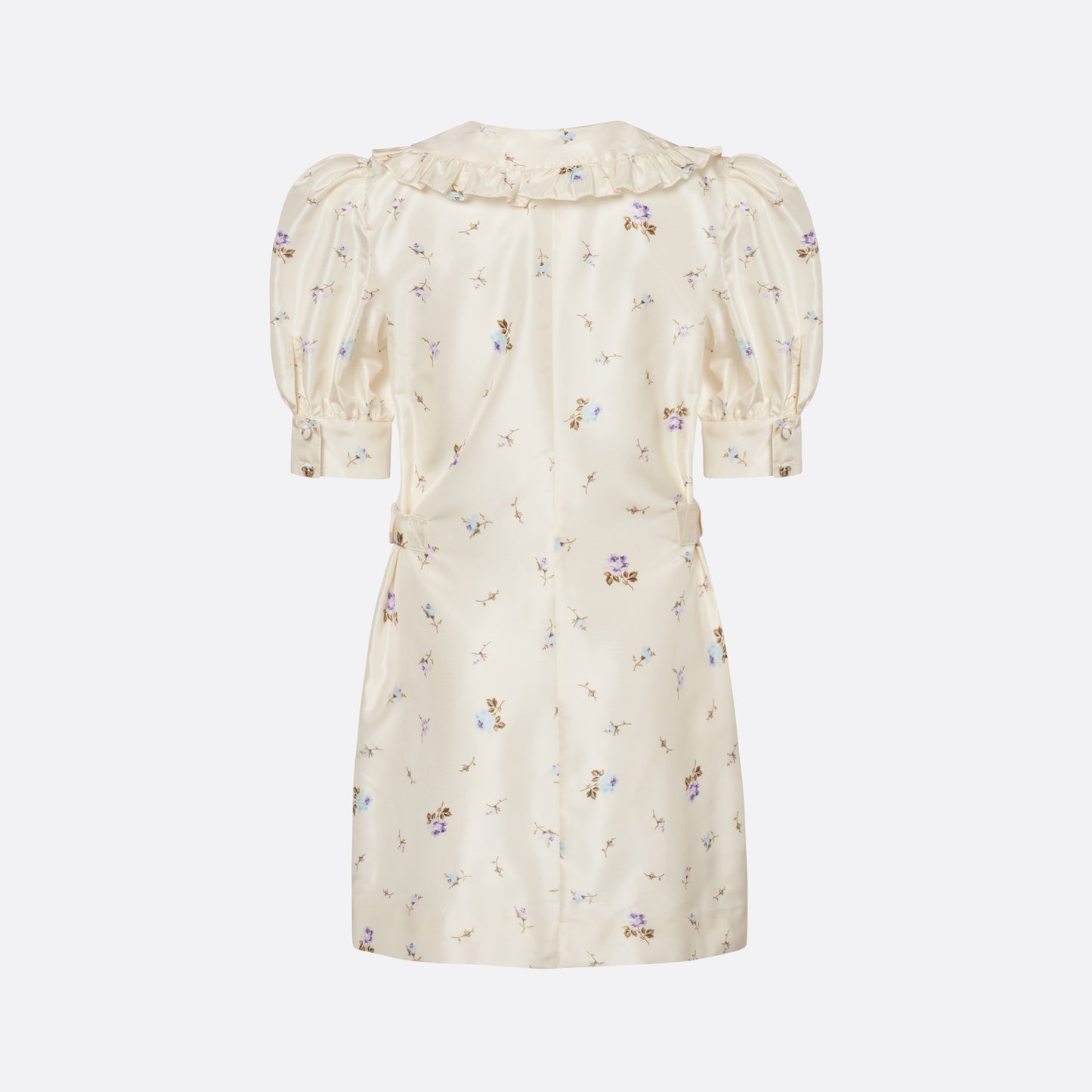 Floral-print white silk taffeta mini dress with a front button closure, ruffled collar and puff sleeves. Finished with side buckles and pockets.