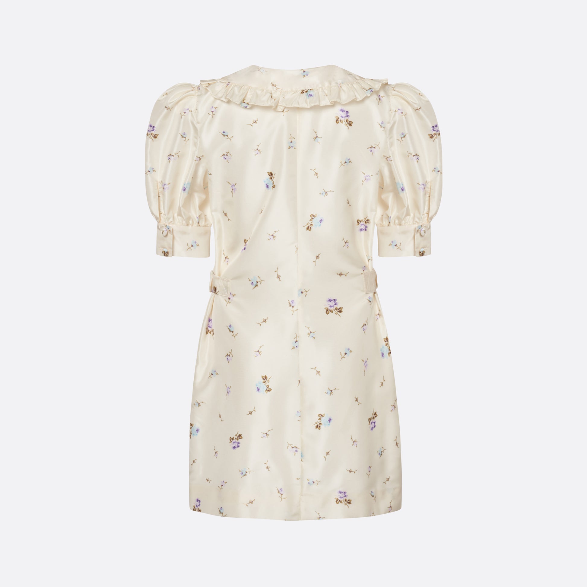 Floral-print white silk taffeta mini dress with a front button closure, ruffled collar and puff sleeves. Finished with side buckles and pockets.