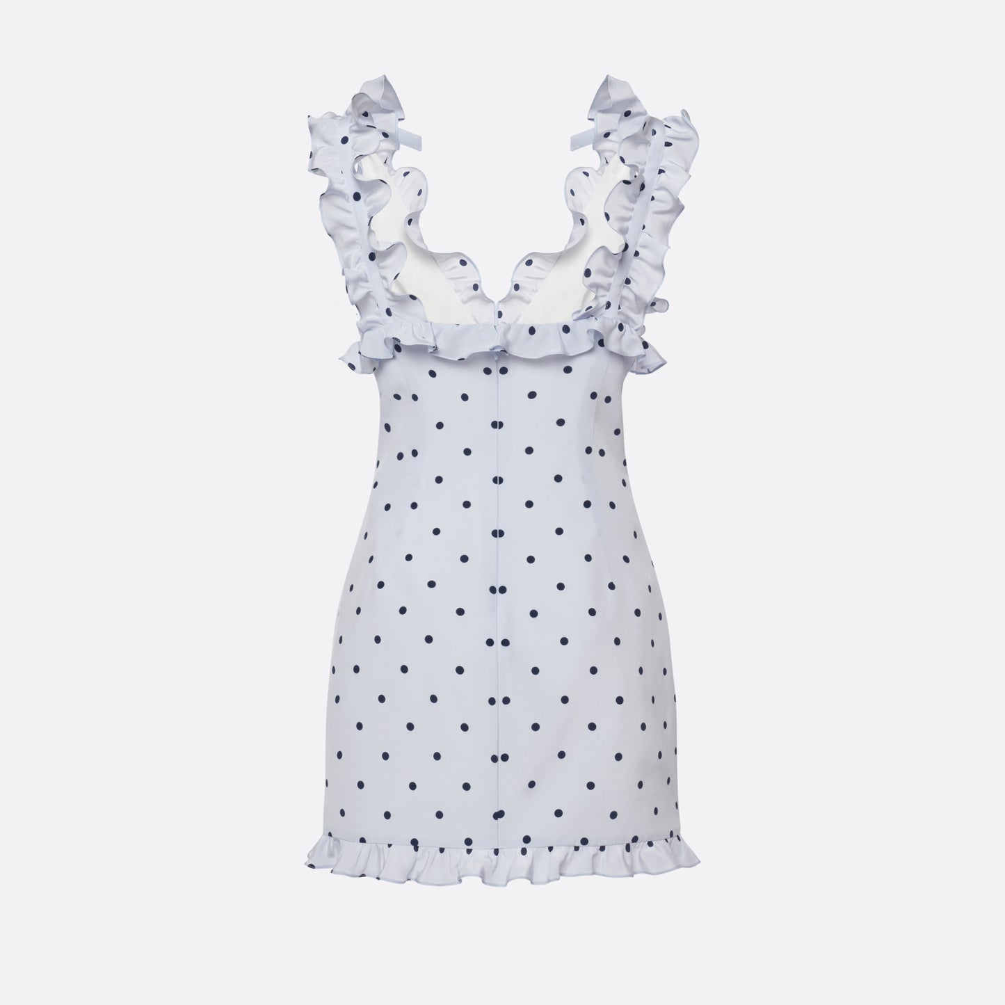 Light blue polka-dot silk crêpe de chine mini dress with bow-detailed shoulder straps and a ruffled neckline. The fitted silhouette is finished with patch pockets and a ruffled hem.