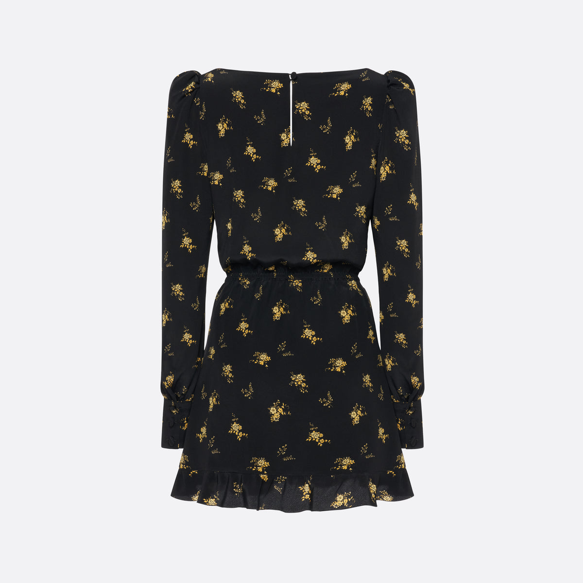 Black and yellow floral-print silk crêpe de chine mini dress with a scooped neckline and long sleeves. Defined by a drawstring waist, the silhouette is finished with patch pockets, jewel buttons and a volant hem.