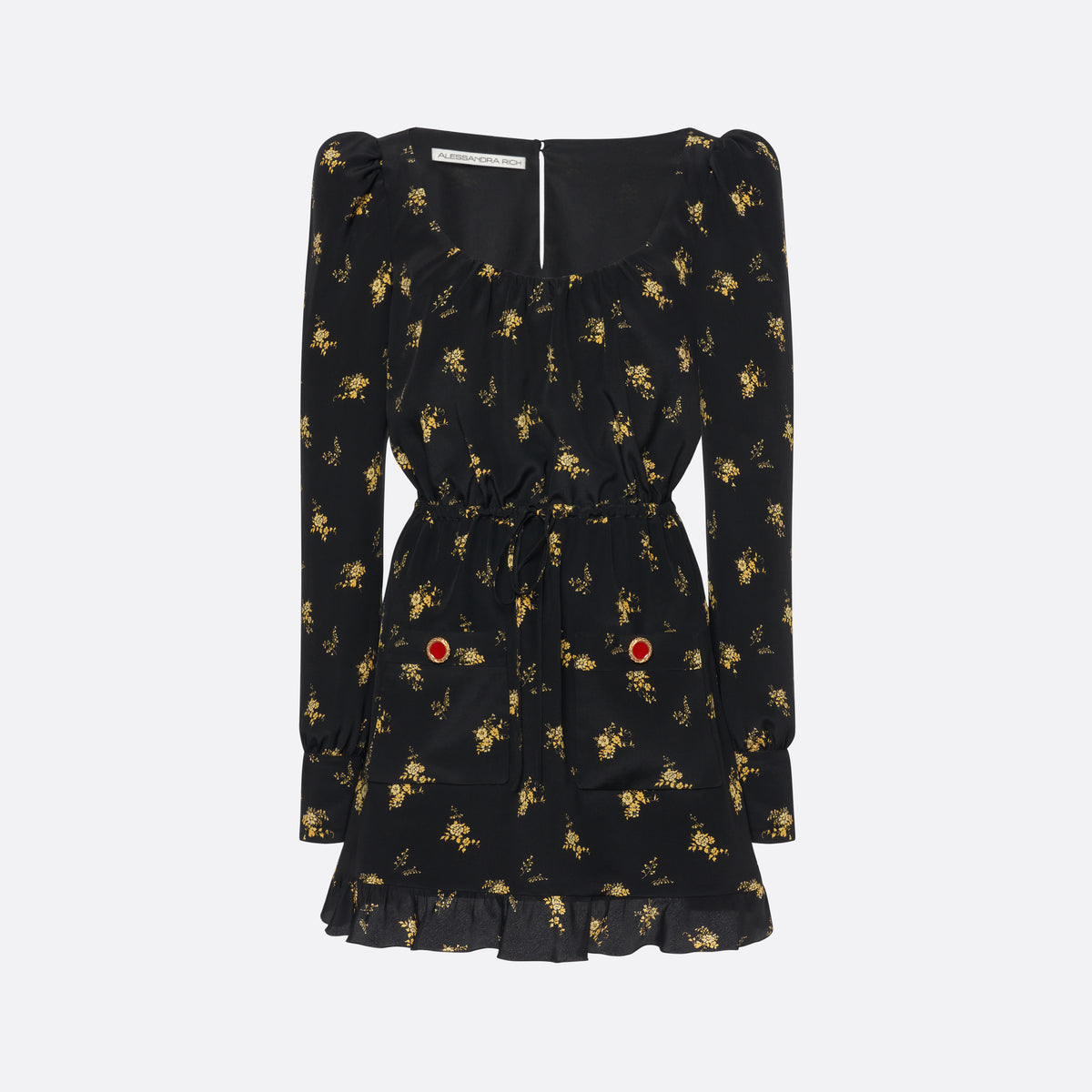 Black and yellow floral-print silk crêpe de chine mini dress with a scooped neckline and long sleeves. Defined by a drawstring waist, the silhouette is finished with patch pockets, jewel buttons and a volant hem.
