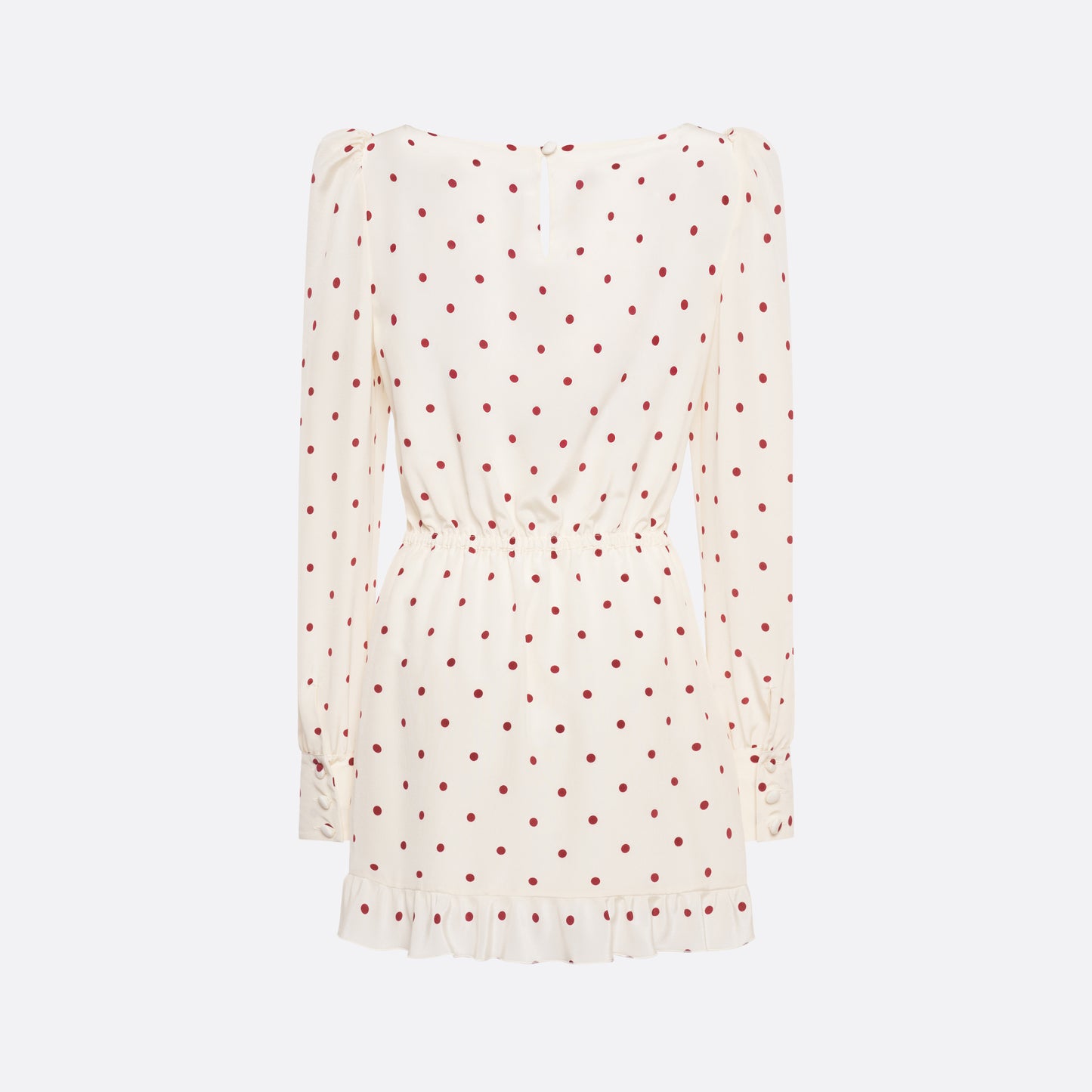 Cream and bordeaux polka-dot silk crêpe de chine mini dress with a scooped neckline and long sleeves. Defined by a drawstring waist, the silhouette is finished with patch pockets and a volant hem.