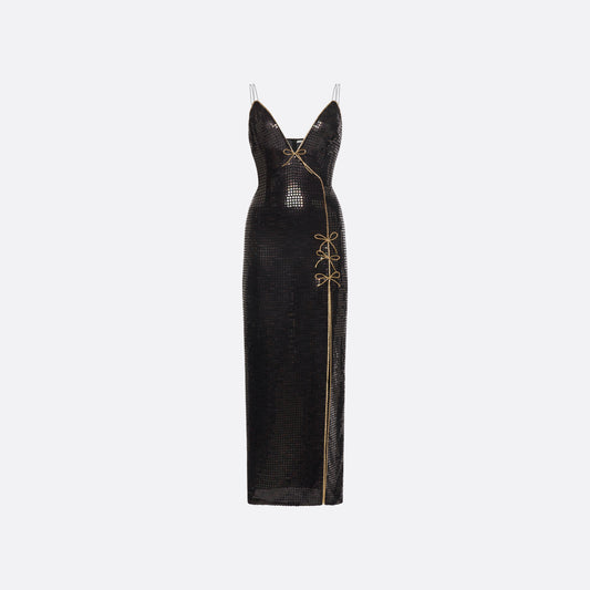 Black sequin-embroidered stretch silk georgette sleeveless dress cut to a fitted silhouette with a v-neckline. Finished with gold-tone bow details and side split.

Look 25 – Fall Winter 2026 Lookbook