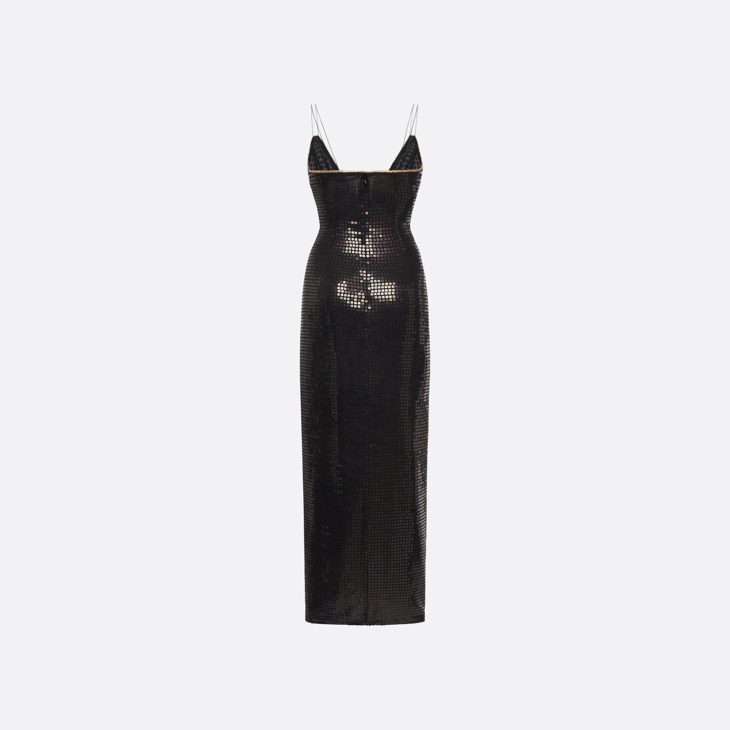 Black sequin-embroidered stretch silk georgette sleeveless dress cut to a fitted silhouette with a v-neckline. Finished with gold-tone bow details and side split.

Look 25 – Fall Winter 2026 Lookbook