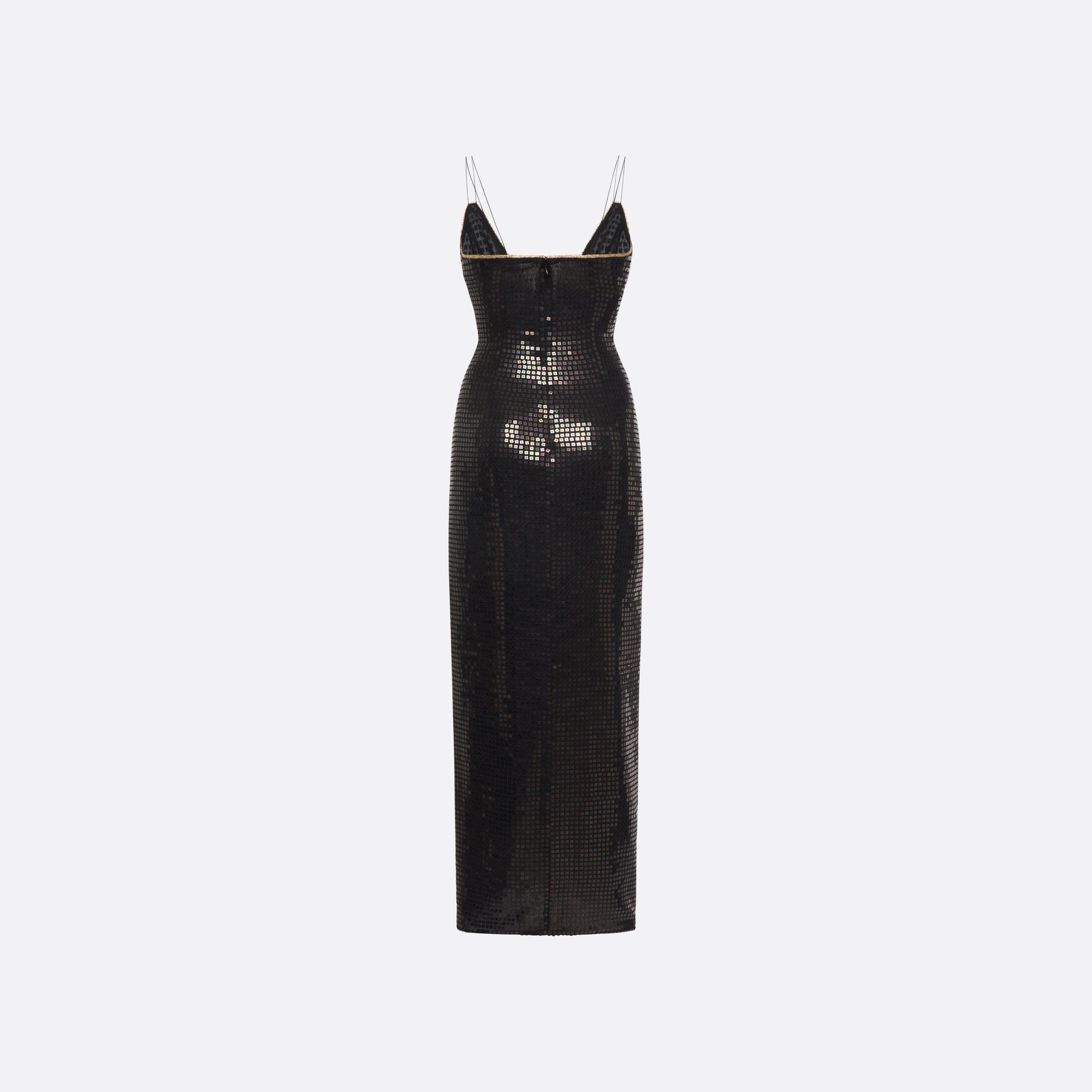 Black sequin-embroidered stretch silk georgette sleeveless dress cut to a fitted silhouette with a v-neckline. Finished with gold-tone bow details and side split.

Look 25 – Fall Winter 2026 Lookbook