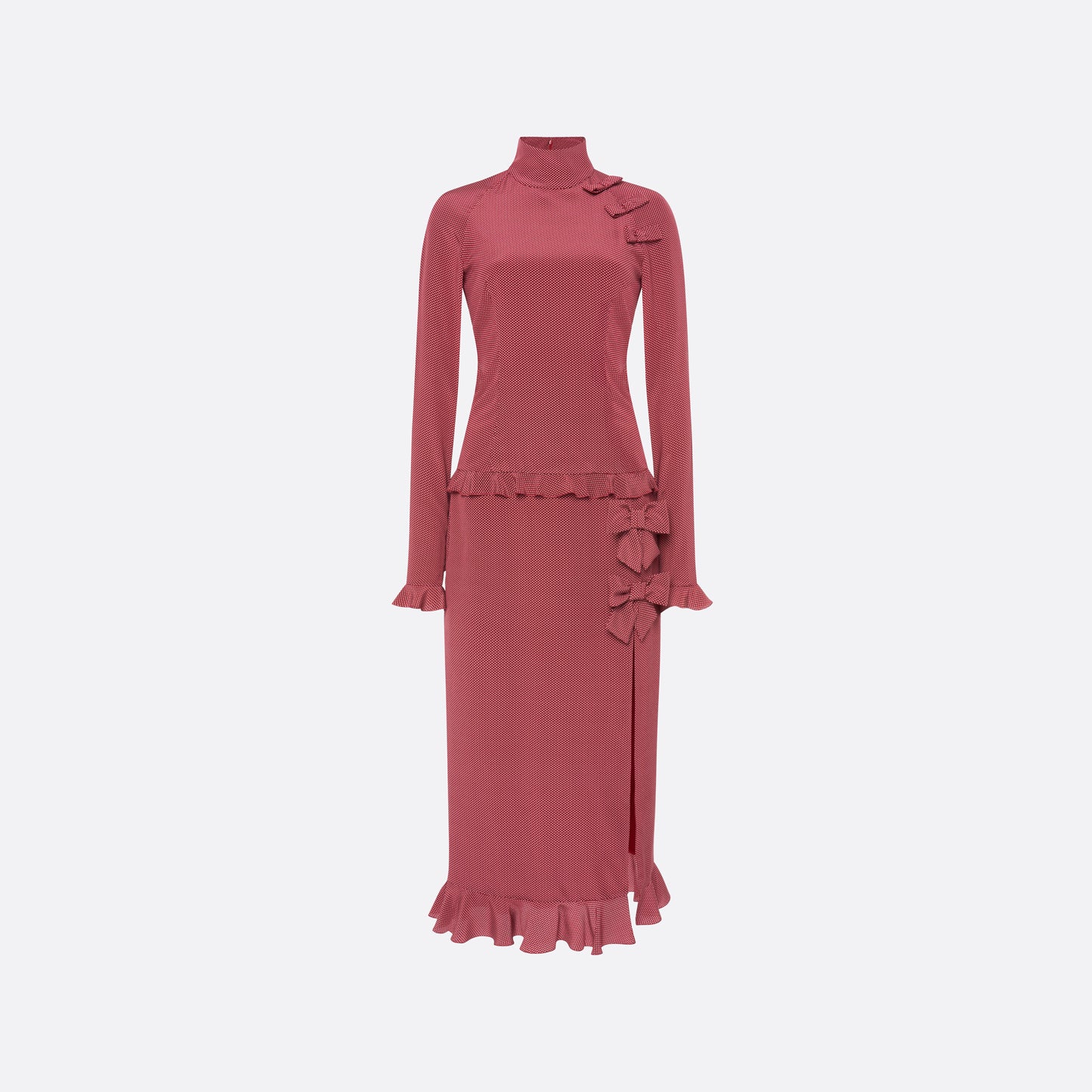 Bordeaux and white small polka-dot print silk crêpe de chine midi dress cut to a fitted silhouette with a high neckline and long sleeves. Finished with ruffled trims and bows.

Look 1 – Fall Winter 2026 Lookbook.
