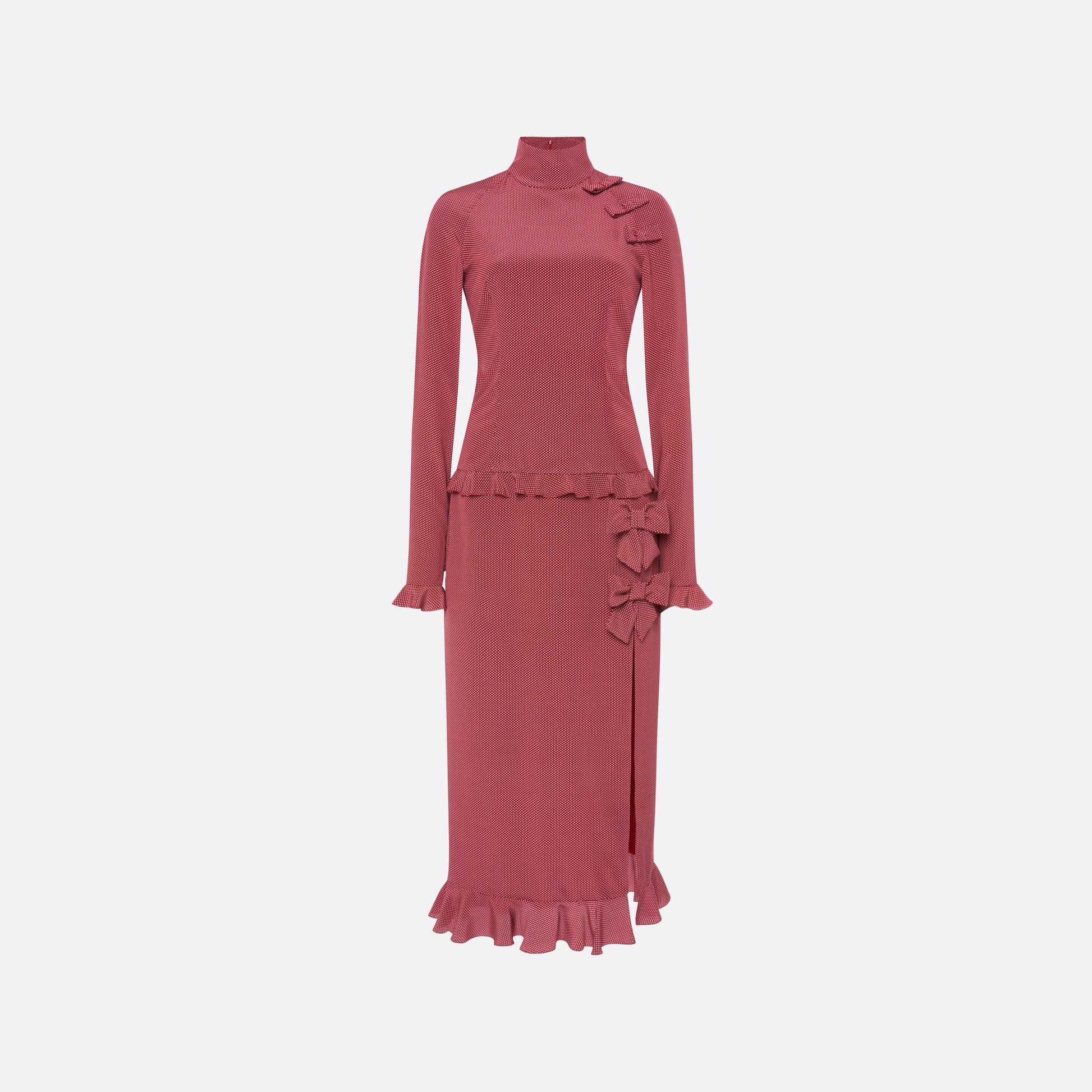 Bordeaux and white small polka-dot print silk crêpe de chine midi dress cut to a fitted silhouette with a high neckline and long sleeves. Finished with ruffled trims and bows.

Look 1 – Fall Winter 2026 Lookbook.