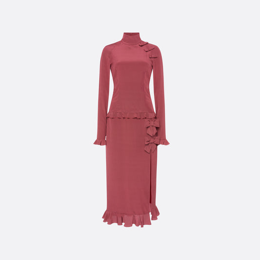 Bordeaux and white small polka-dot print silk crêpe de chine midi dress cut to a fitted silhouette with a high neckline and long sleeves. Finished with ruffled trims and bows.

Look 1 – Fall Winter 2026 Lookbook.
