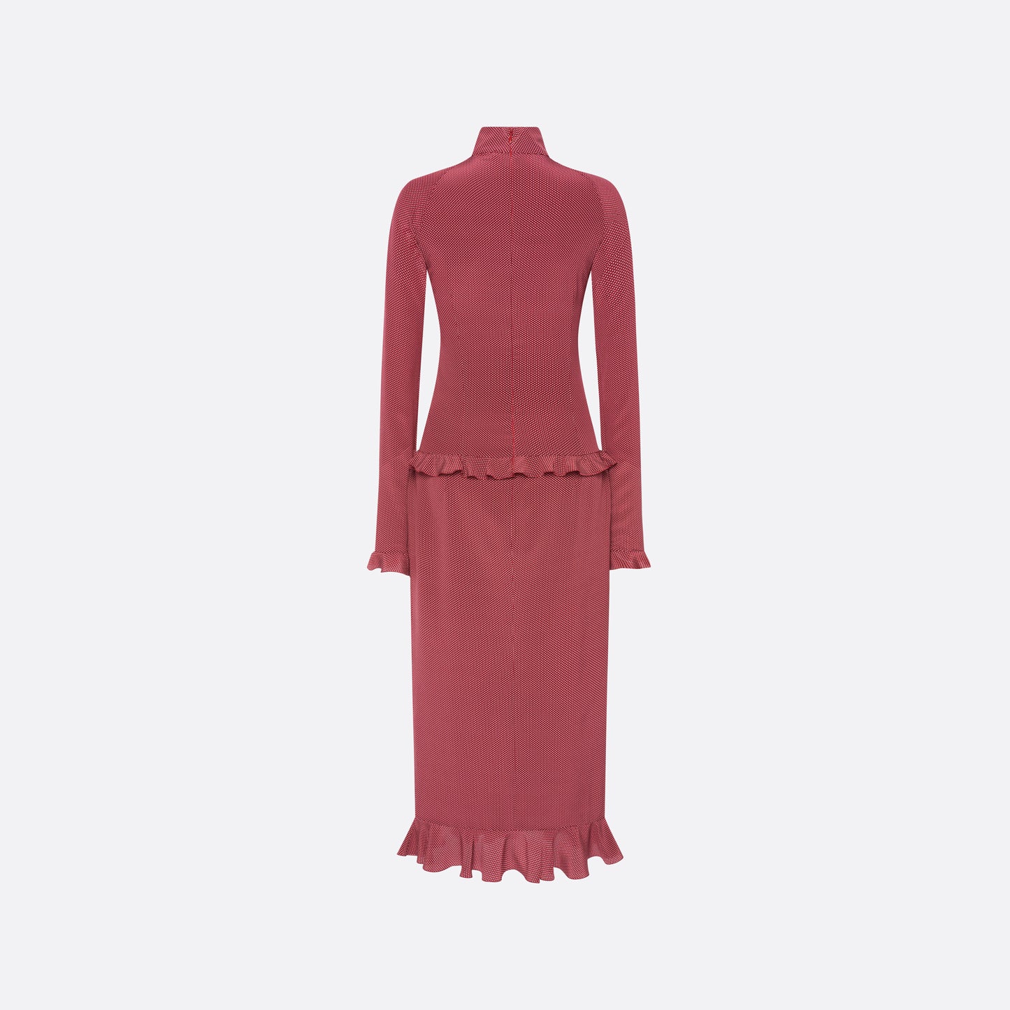 Bordeaux and white small polka-dot print silk crêpe de chine midi dress cut to a fitted silhouette with a high neckline and long sleeves. Finished with ruffled trims and bows.

Look 1 – Fall Winter 2026 Lookbook.
