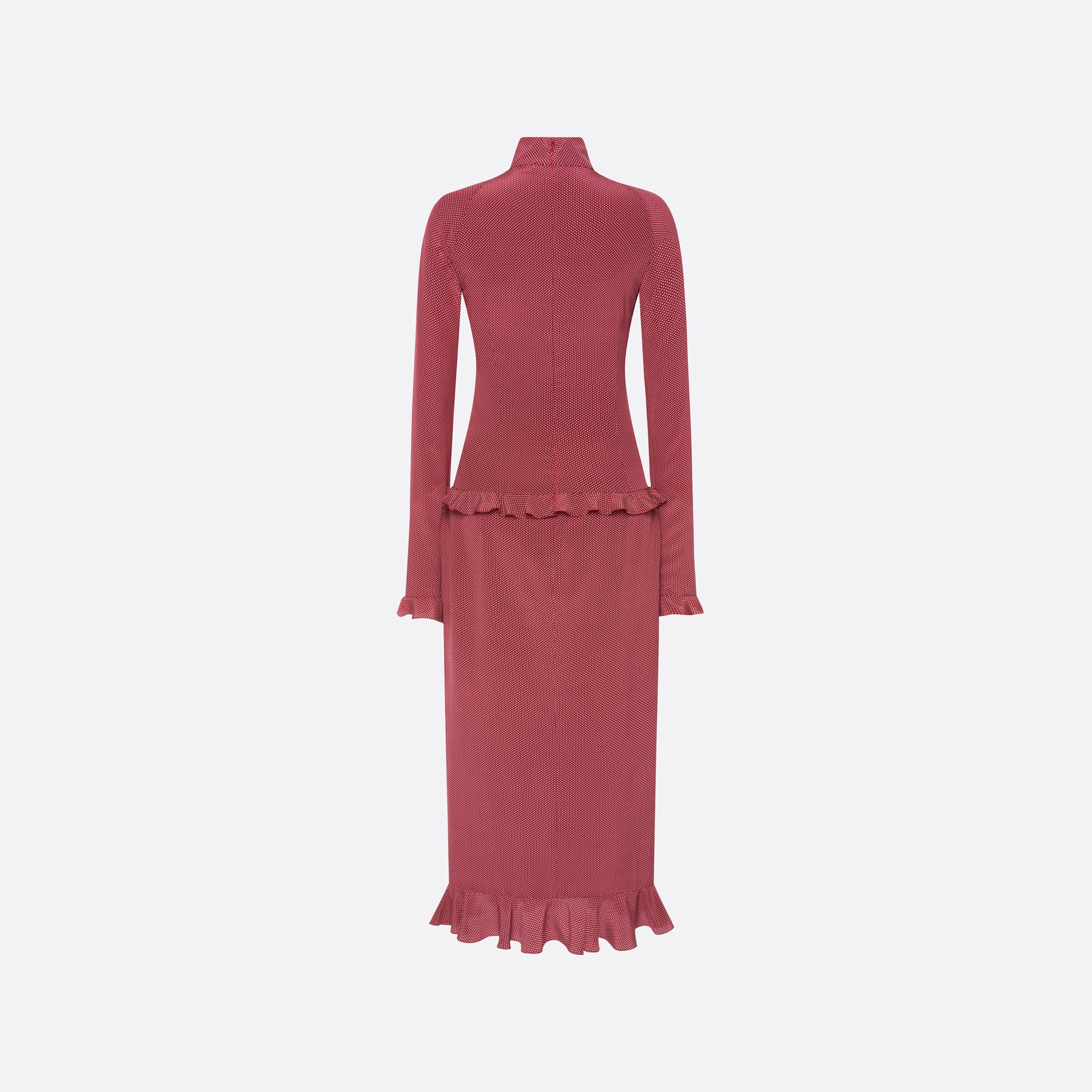 Bordeaux and white small polka-dot print silk crêpe de chine midi dress cut to a fitted silhouette with a high neckline and long sleeves. Finished with ruffled trims and bows.

Look 1 – Fall Winter 2026 Lookbook.
