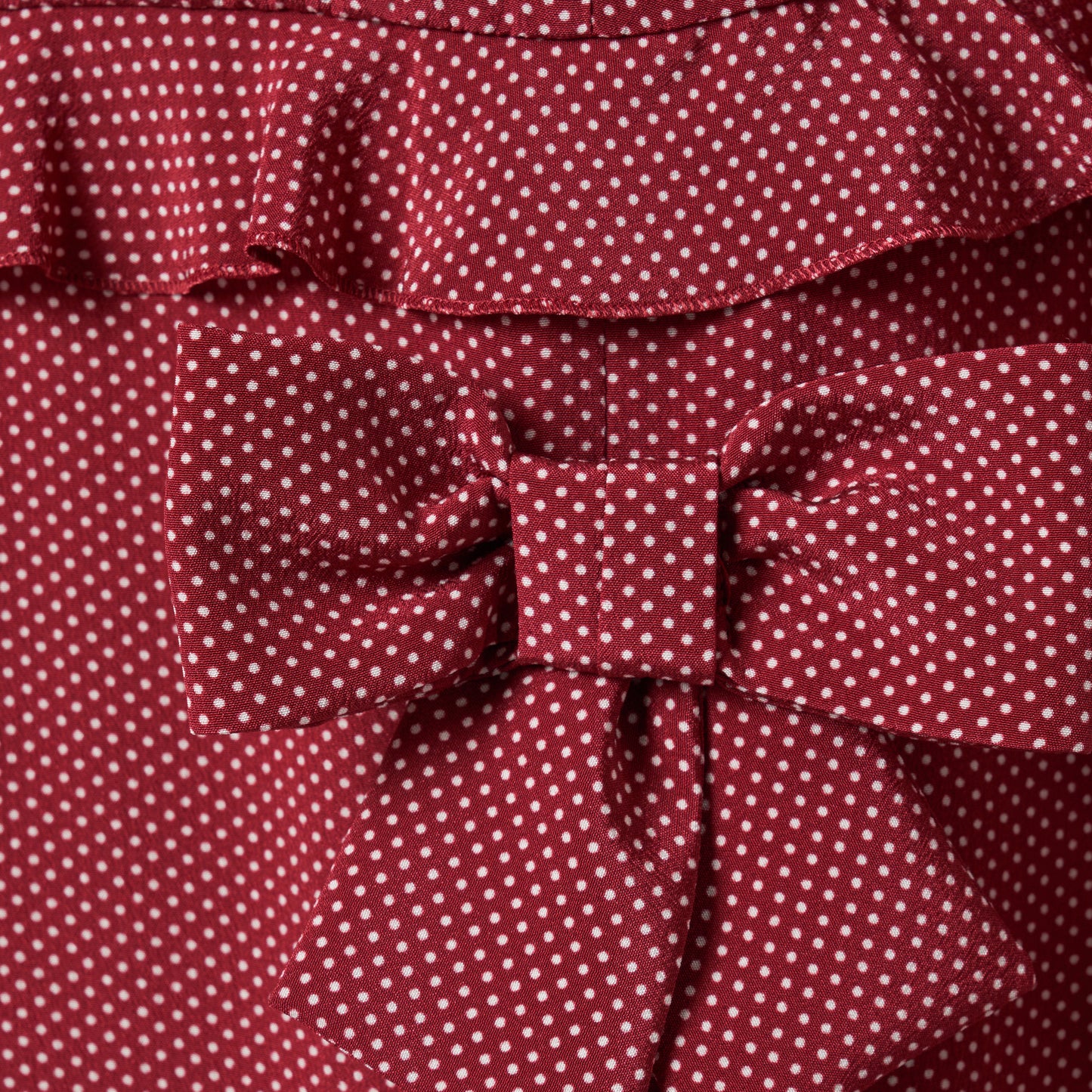 Bordeaux and white small polka-dot print silk crêpe de chine midi dress cut to a fitted silhouette with a high neckline and long sleeves. Finished with ruffled trims and bows.

Look 1 – Fall Winter 2026 Lookbook.