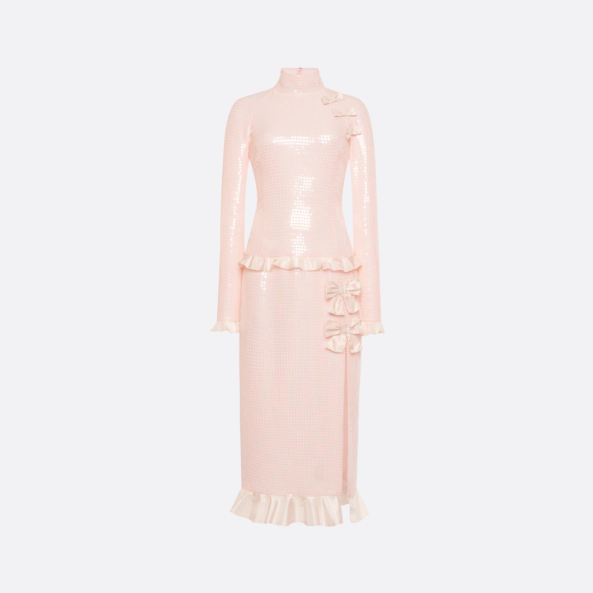 Pink sequin-embroidered stretch silk georgette midi dress cut to a fitted silhouette with a high neckline and long sleeves. Finished with ruffled trims and bows.

Look 27 – Fall Winter 2026 Lookbook.