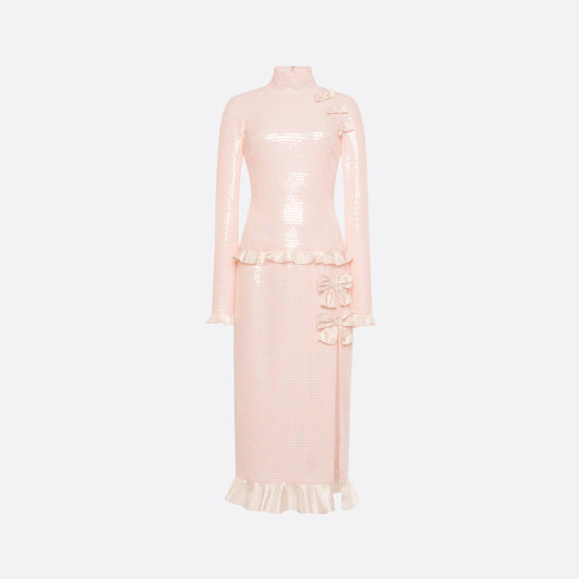 Pink sequin-embroidered stretch silk georgette midi dress cut to a fitted silhouette with a high neckline and long sleeves. Finished with ruffled trims and bows.

Look 27 – Fall Winter 2026 Lookbook.