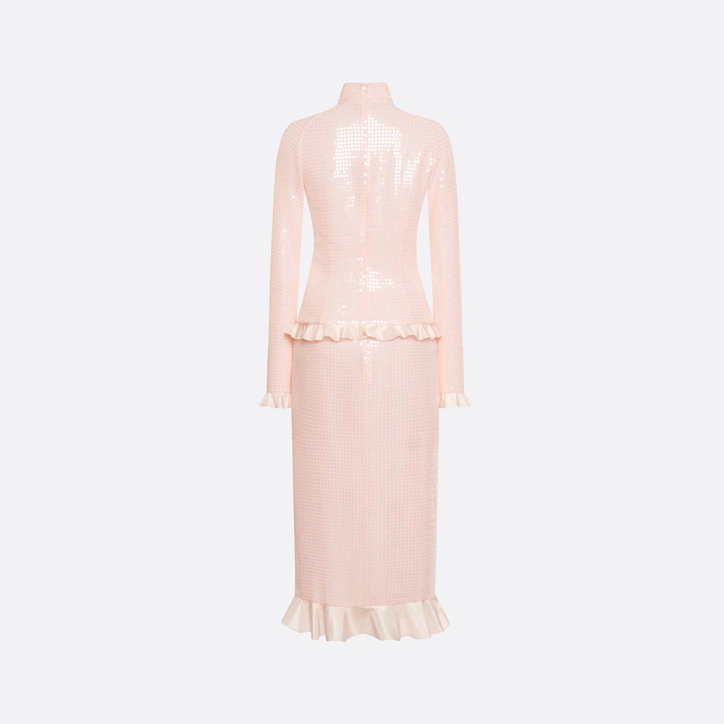 Pink sequin-embroidered stretch silk georgette midi dress cut to a fitted silhouette with a high neckline and long sleeves. Finished with ruffled trims and bows.

Look 27 – Fall Winter 2026 Lookbook.