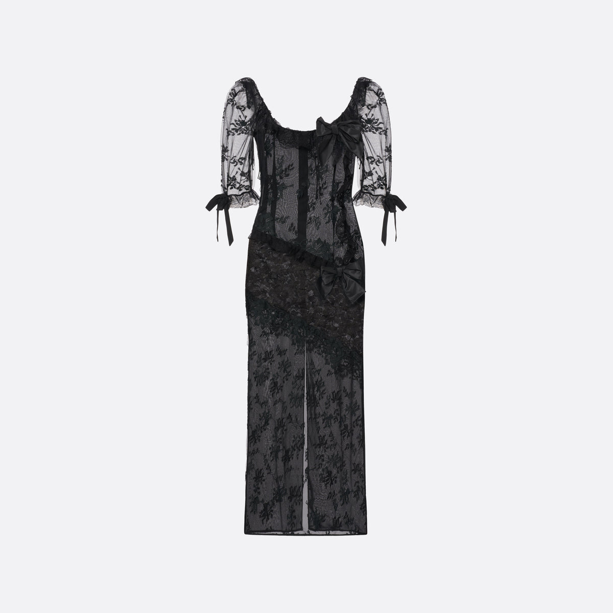 Black chantilly lace evening dress with lace inlay, featuring puff sleeves and a back split. Finished with lace trims and silk bows.

Look 21 – Fall Winter 2026 Lookbook