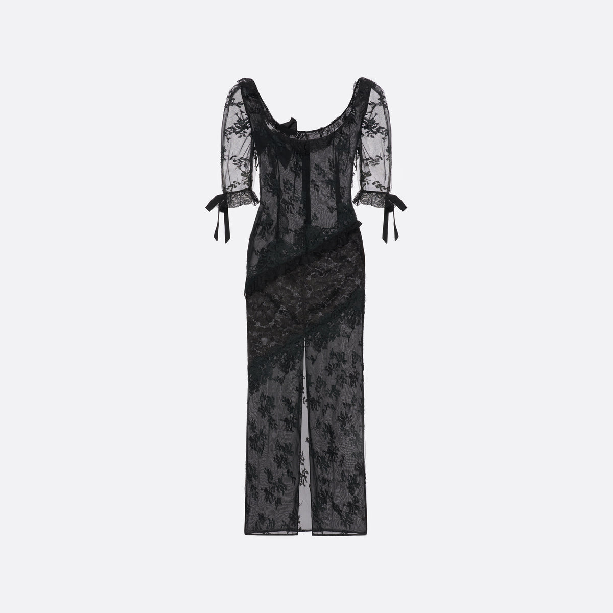 Black chantilly lace evening dress with lace inlay, featuring puff sleeves and a back split. Finished with lace trims and silk bows.

Look 21 – Fall Winter 2026 Lookbook