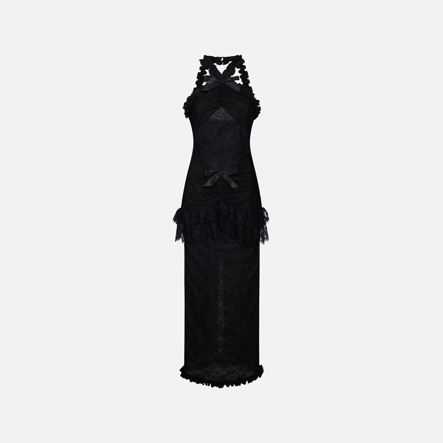 Black Chantilly lace halterneck evening dress with ruffled trims and bows.

Look 26 – Fall Winter 2026 Lookbook.