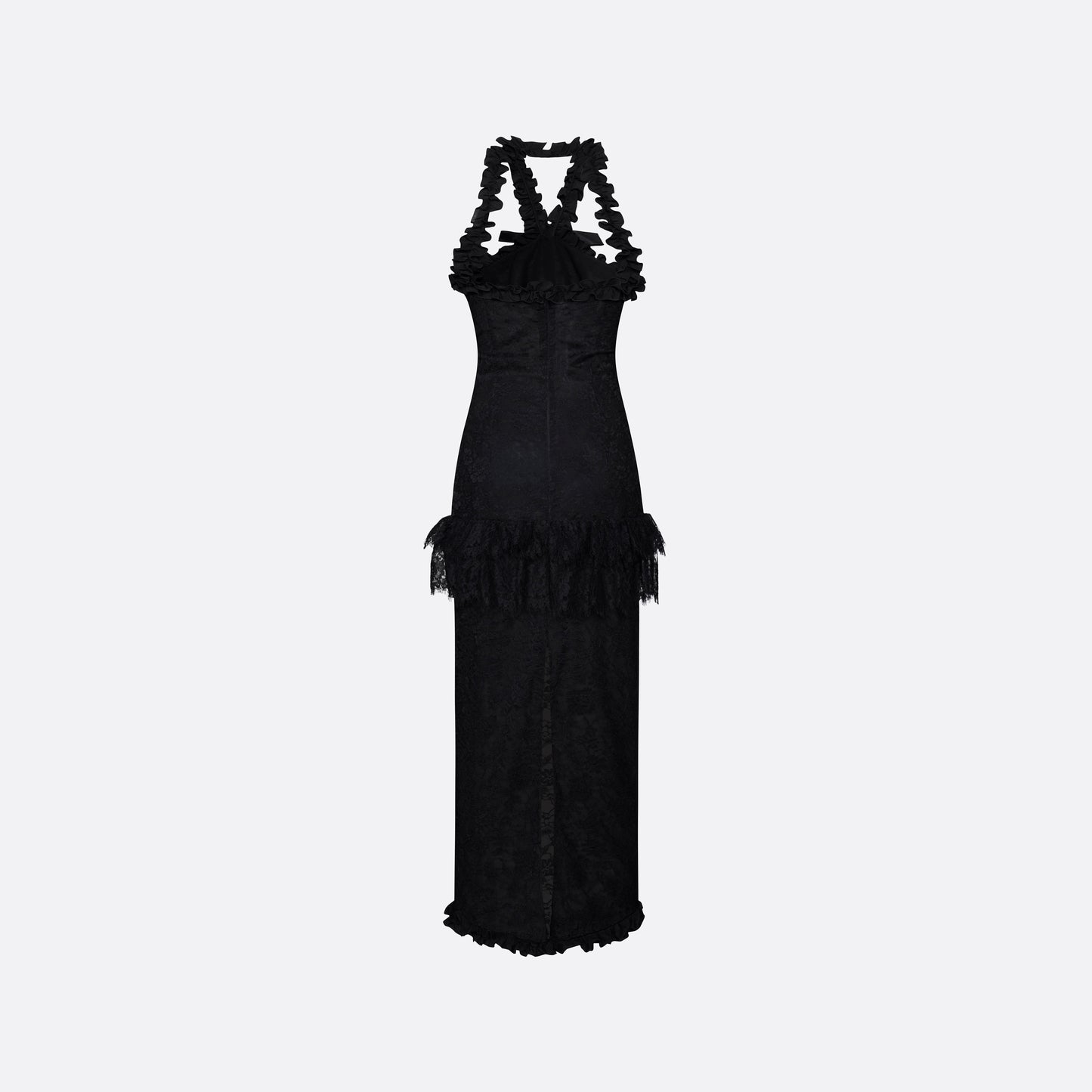 Black Chantilly lace halterneck evening dress with ruffled trims and bows.

Look 26 – Fall Winter 2026 Lookbook.
