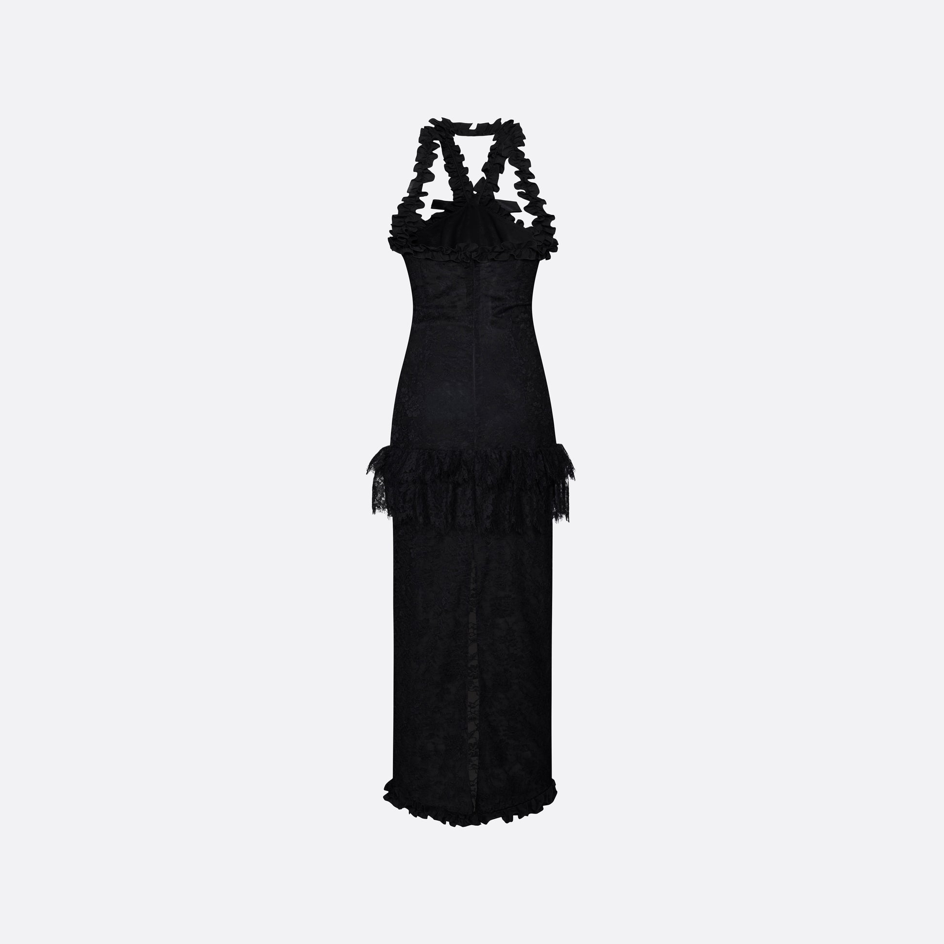 Black Chantilly lace halterneck evening dress with ruffled trims and bows.

Look 26 – Fall Winter 2026 Lookbook.