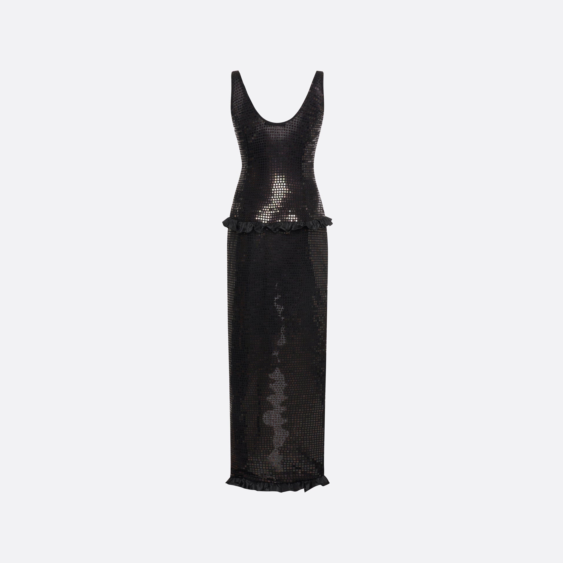 Black sequin-embroidered stretch silk georgette sleeveless dress cut to a fitted silhouette with a scoop neckline. Finished with ruffled trims at the waist and hem.

Look 25 – Fall Winter 2026 Lookbook.