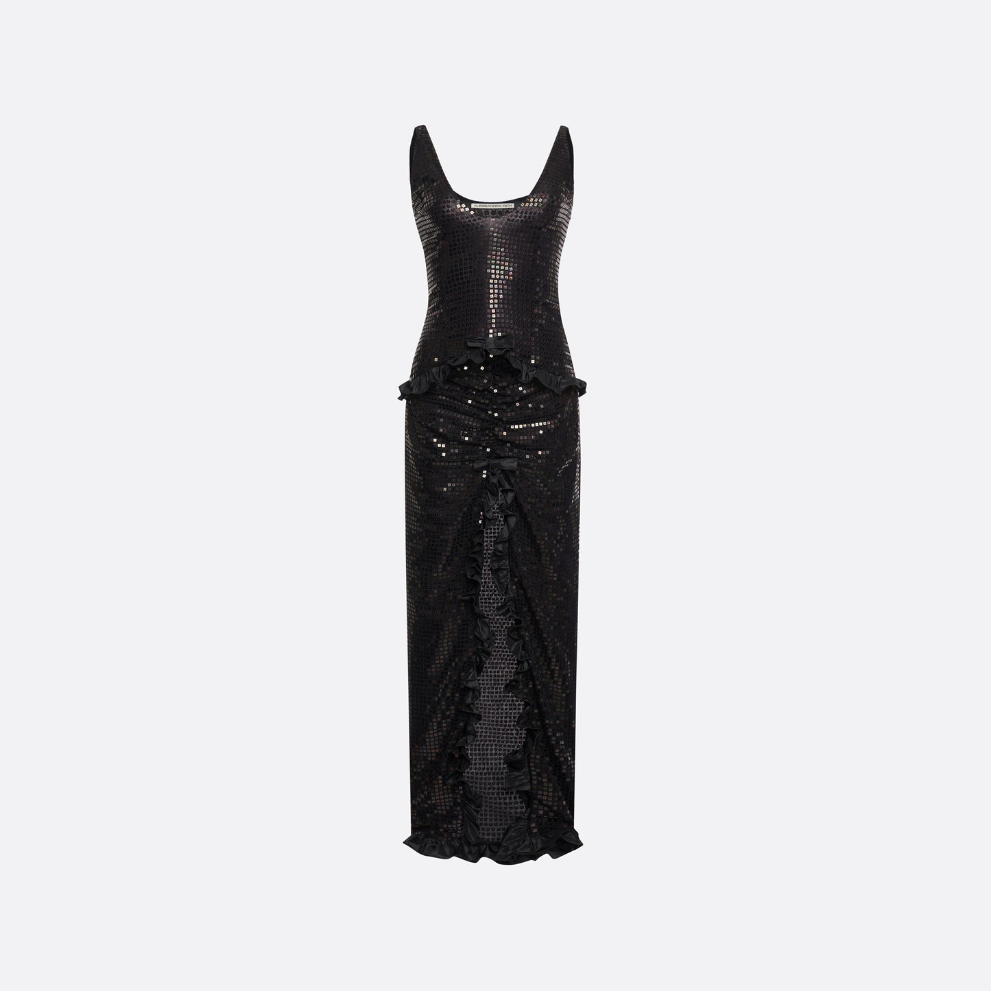 Black sequin-embroidered stretch silk georgette sleeveless dress cut to a fitted silhouette with a scoop neckline. Finished with ruffled trims at the waist and hem.

Look 25 – Fall Winter 2026 Lookbook.