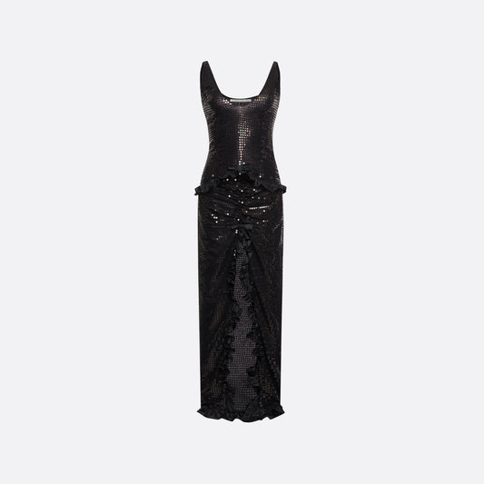 Black sequin-embroidered stretch silk georgette sleeveless dress cut to a fitted silhouette with a scoop neckline. Finished with ruffled trims at the waist and hem.

Look 25 – Fall Winter 2026 Lookbook.