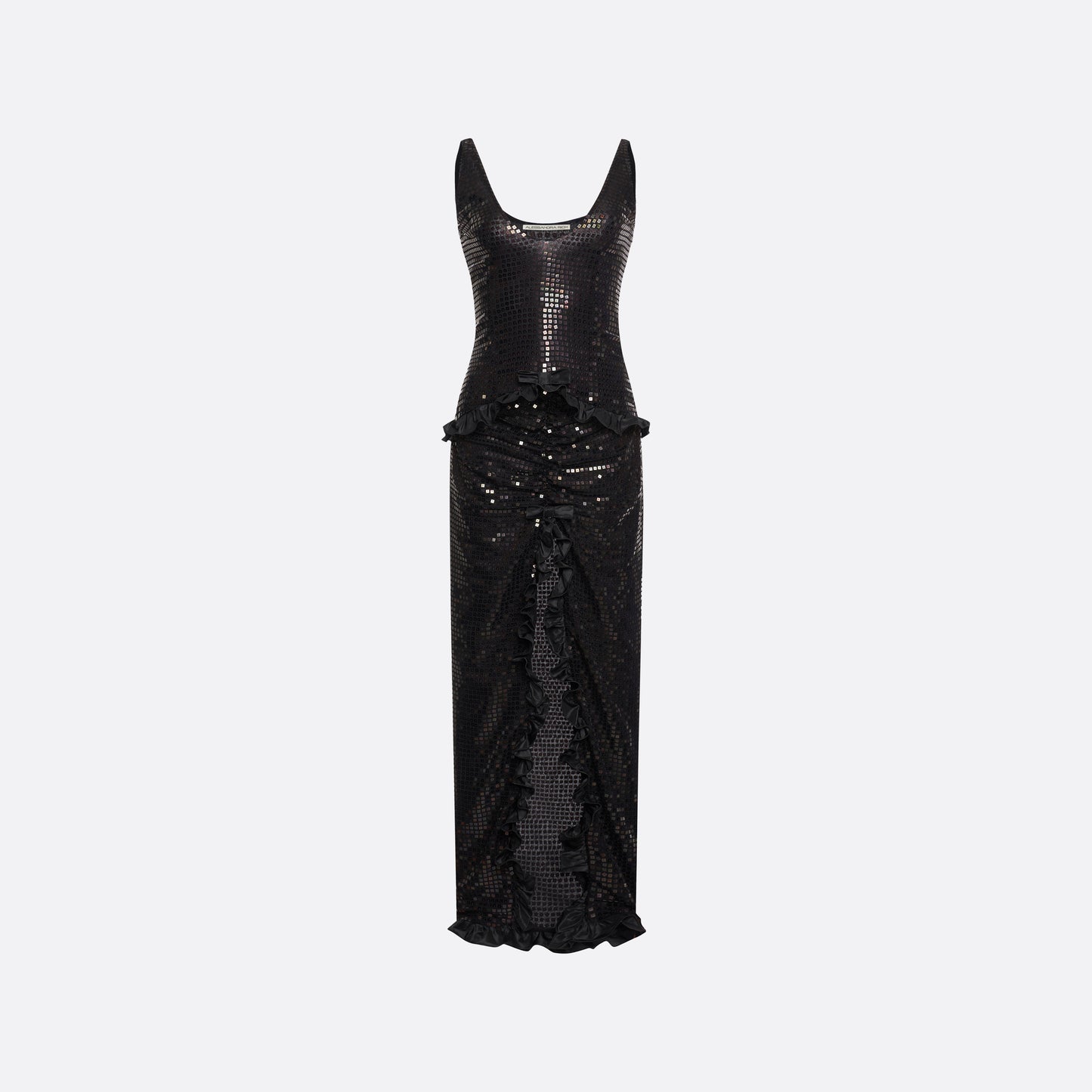 Black sequin-embroidered stretch silk georgette sleeveless dress cut to a fitted silhouette with a scoop neckline. Finished with ruffled trims at the waist and hem.

Look 25 – Fall Winter 2026 Lookbook