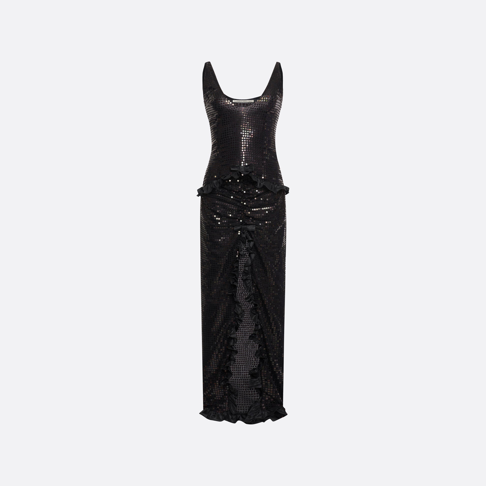 Black sequin-embroidered stretch silk georgette sleeveless dress cut to a fitted silhouette with a scoop neckline. Finished with ruffled trims at the waist and hem.

Look 25 – Fall Winter 2026 Lookbook