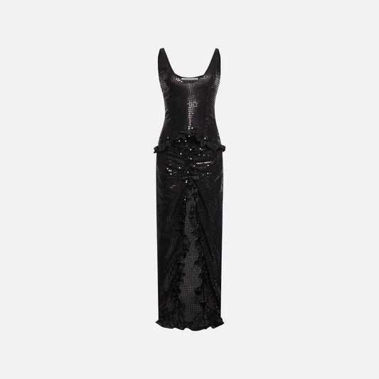 Black sequin-embroidered stretch silk georgette sleeveless dress cut to a fitted silhouette with a scoop neckline. Finished with ruffled trims at the waist and hem.

Look 25 – Fall Winter 2026 Lookbook