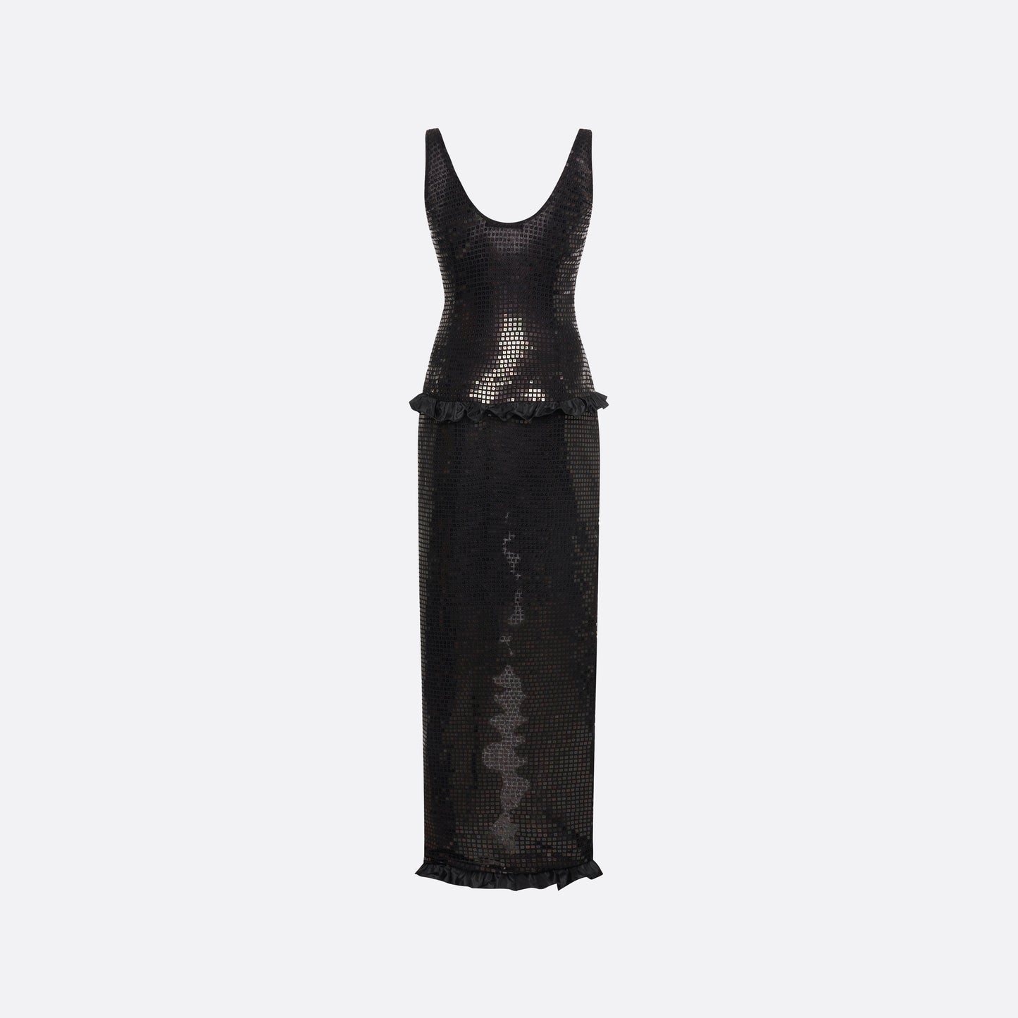 Black sequin-embroidered stretch silk georgette sleeveless dress cut to a fitted silhouette with a scoop neckline. Finished with ruffled trims at the waist and hem.

Look 25 – Fall Winter 2026 Lookbook