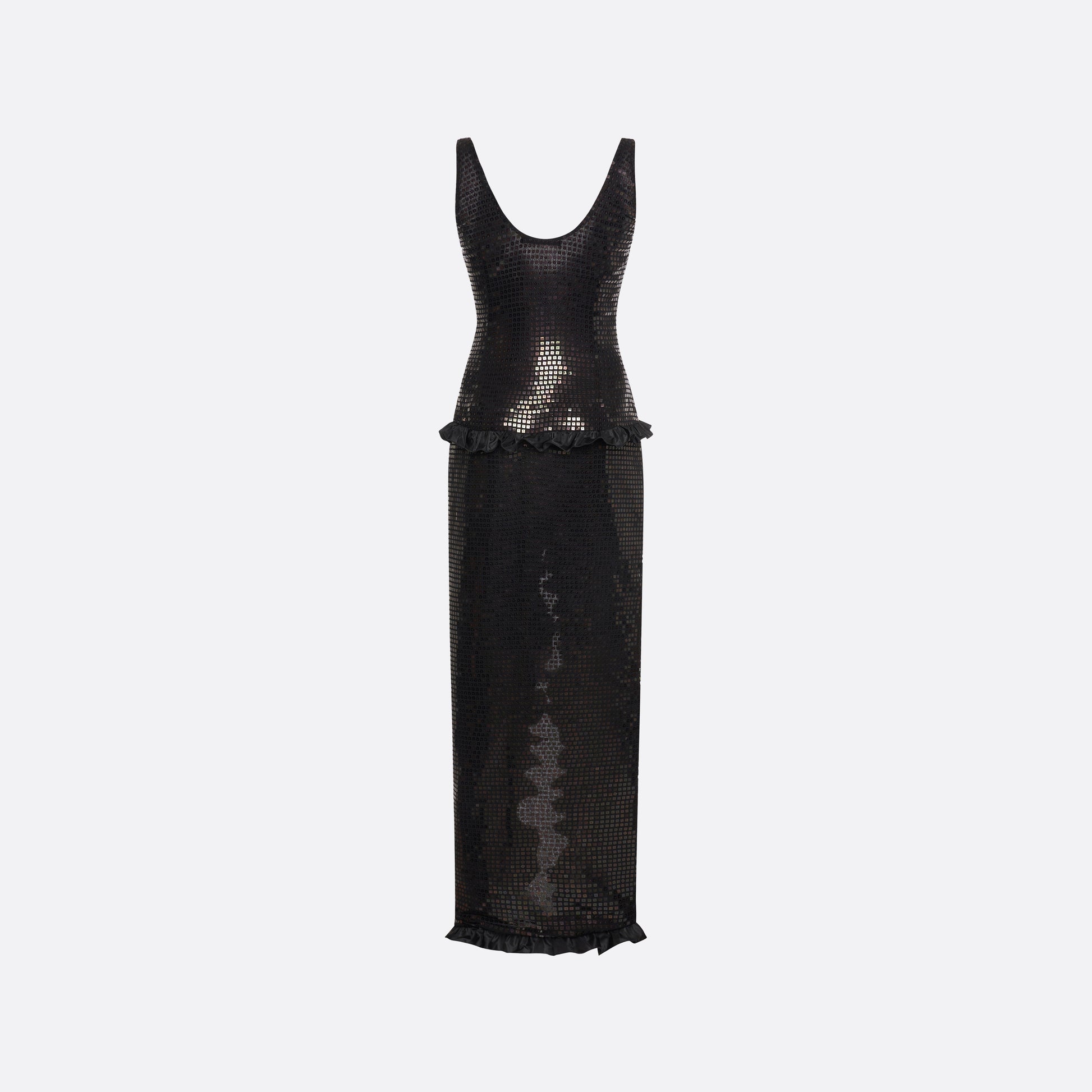 Black sequin-embroidered stretch silk georgette sleeveless dress cut to a fitted silhouette with a scoop neckline. Finished with ruffled trims at the waist and hem.

Look 25 – Fall Winter 2026 Lookbook