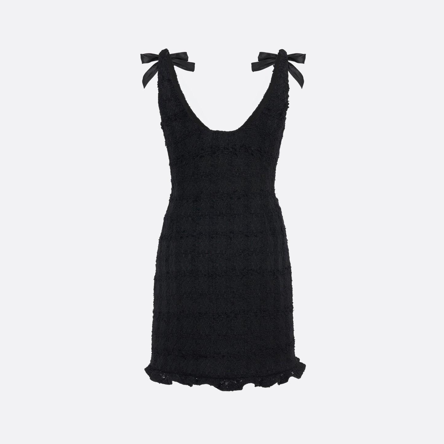 Black check tweed bouclé mini dress with a fitted silhouette and a soft ruffle at the hem. The shoulder straps are finished with bows.

Look 16 – Fall Winter 2026 Lookbook.