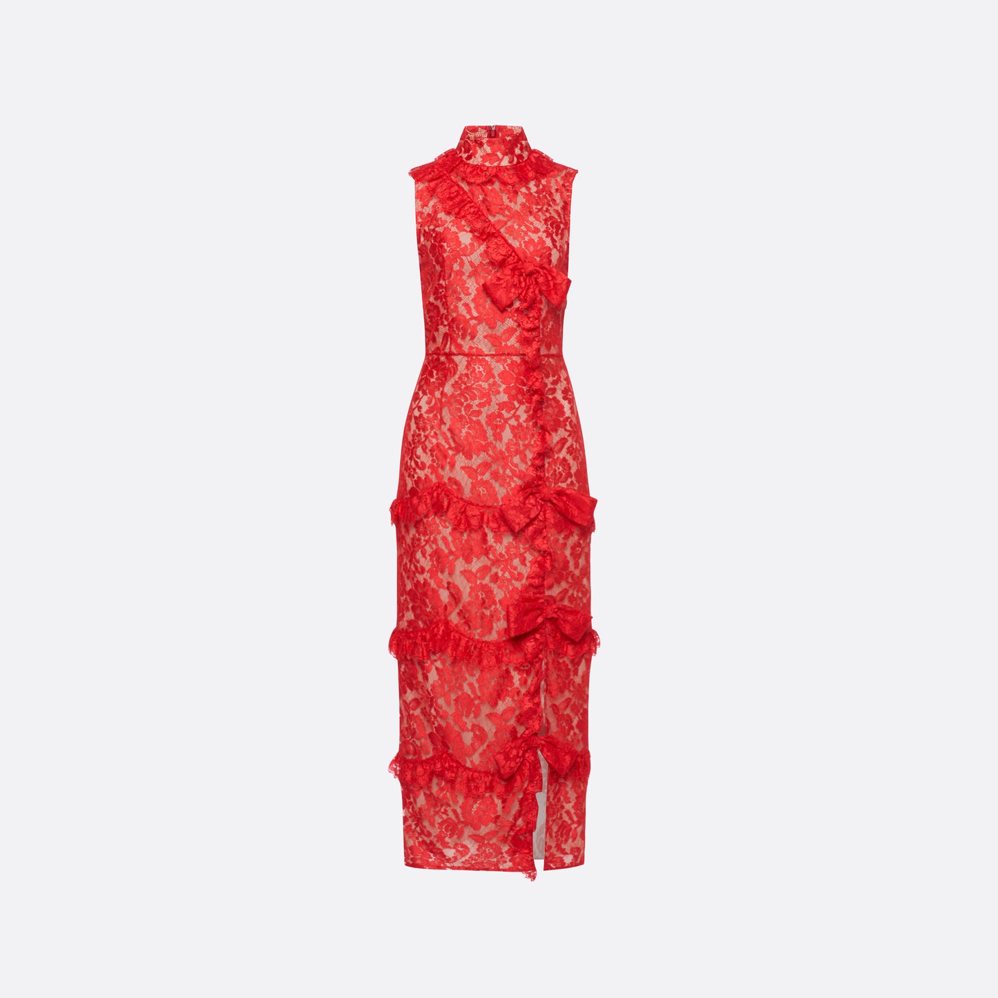 Red lace sleeveless evening dress with a high neckline and a fitted silhouette with a split. Finished with ruffled trims and bows.