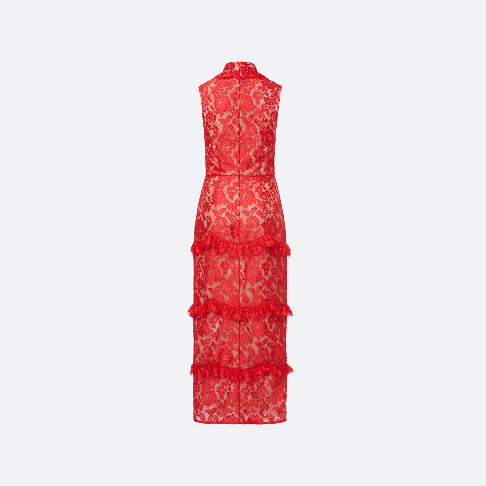 Red lace sleeveless evening dress with a high neckline and a fitted silhouette with a split. Finished with ruffled trims and bows.