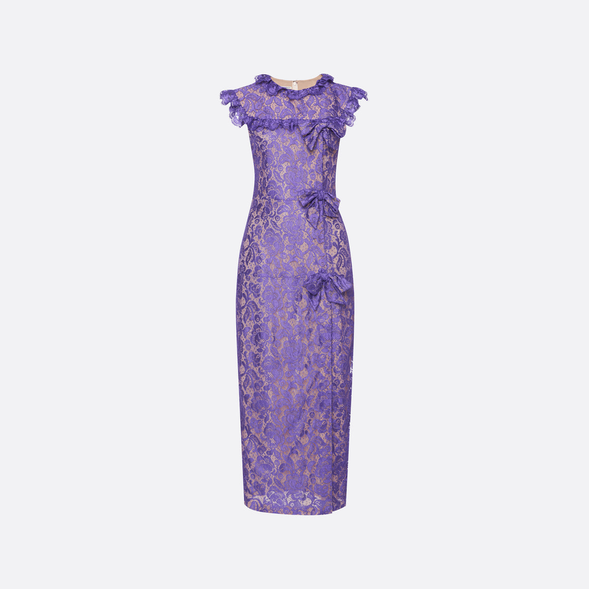 Purple lace sleeveless evening dress with a high neckline and a fitted silhouette with a split. Finished with ruffled trims and bows.

Look 13 – Fall Winter 2026 Lookbook