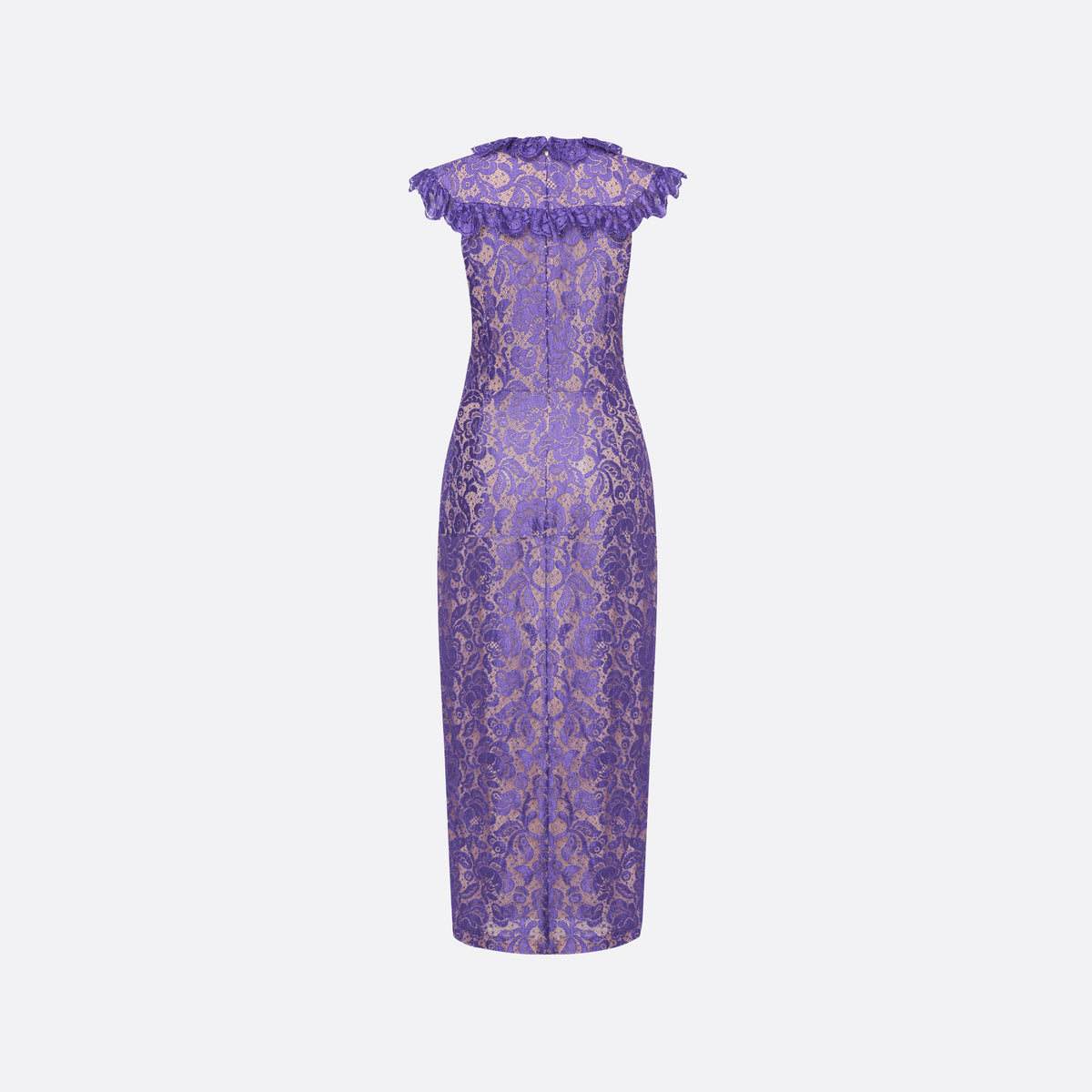 Purple lace sleeveless evening dress with a high neckline and a fitted silhouette with a split. Finished with ruffled trims and bows.

Look 13 – Fall Winter 2026 Lookbook