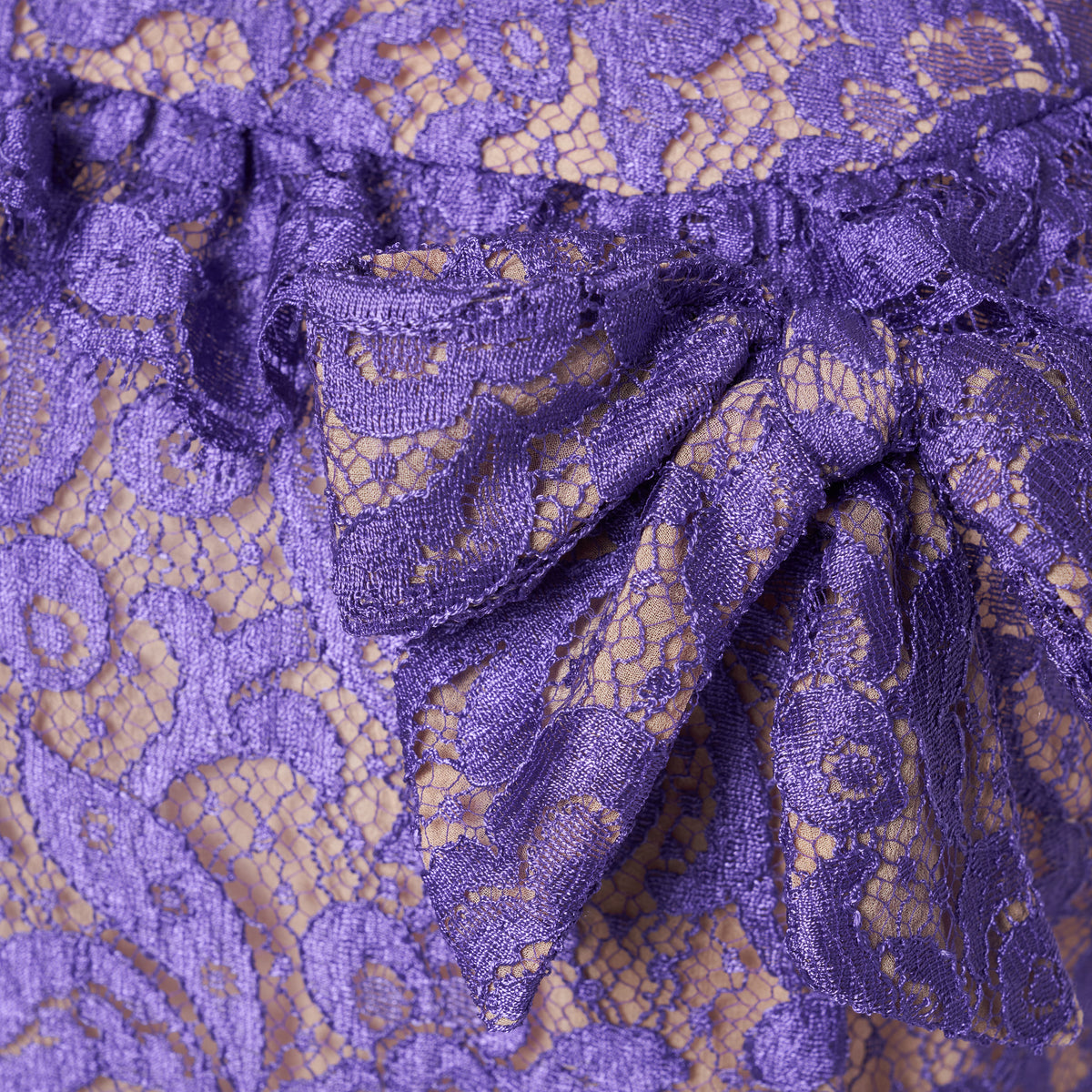 Purple lace sleeveless evening dress with a high neckline and a fitted silhouette with a split. Finished with ruffled trims and bows.

Look 13 – Fall Winter 2026 Lookbook