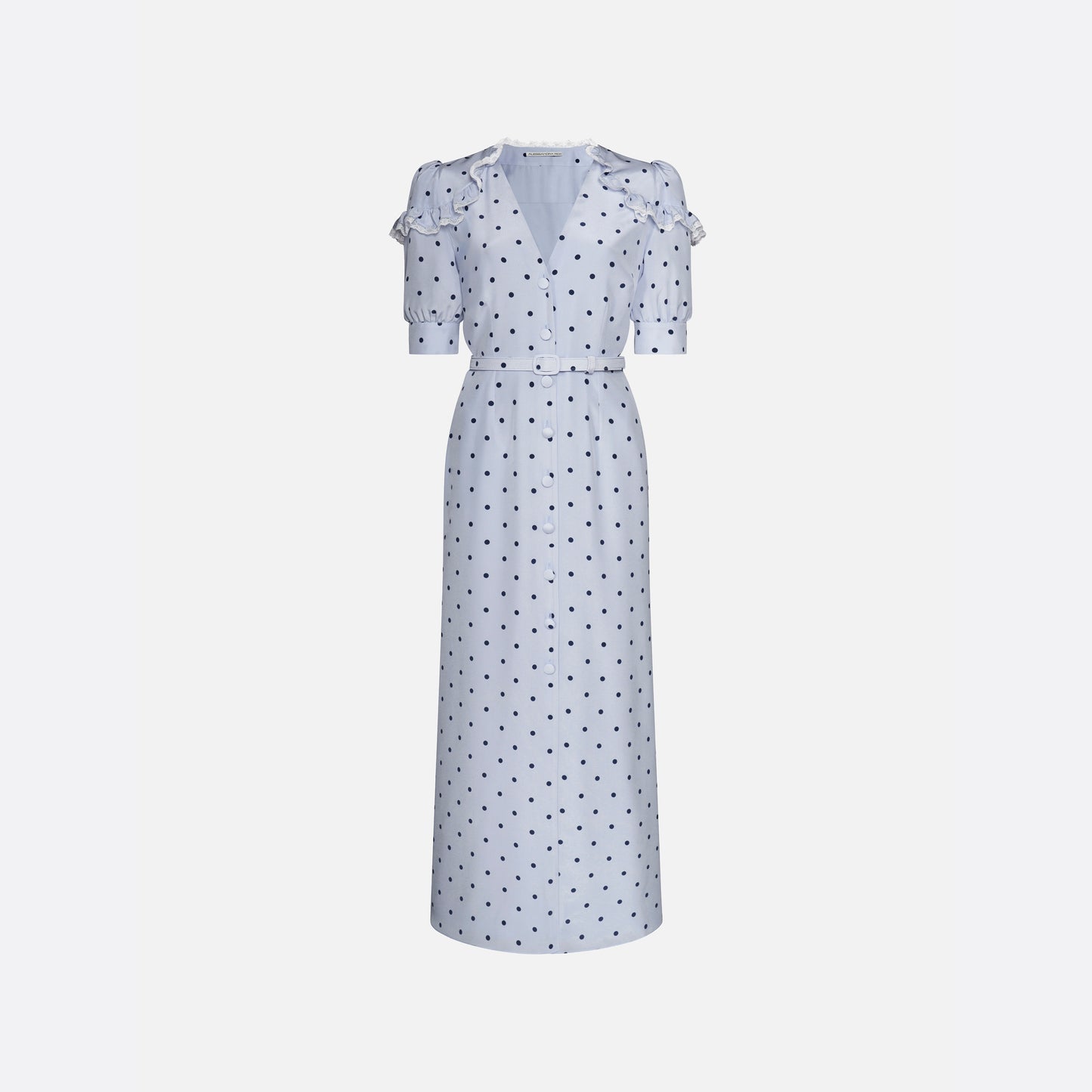 Light blue polka-dot silk midi dress with a V-neckline, front button closure and short puff sleeves detailed with lace-trimmed ruffles. Finished with a slim belt.