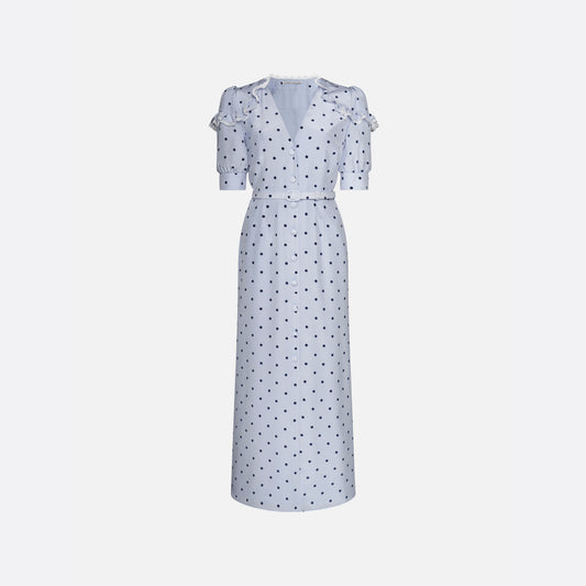 Light blue polka-dot silk midi dress with a V-neckline, front button closure and short puff sleeves detailed with lace-trimmed ruffles. Finished with a slim belt.