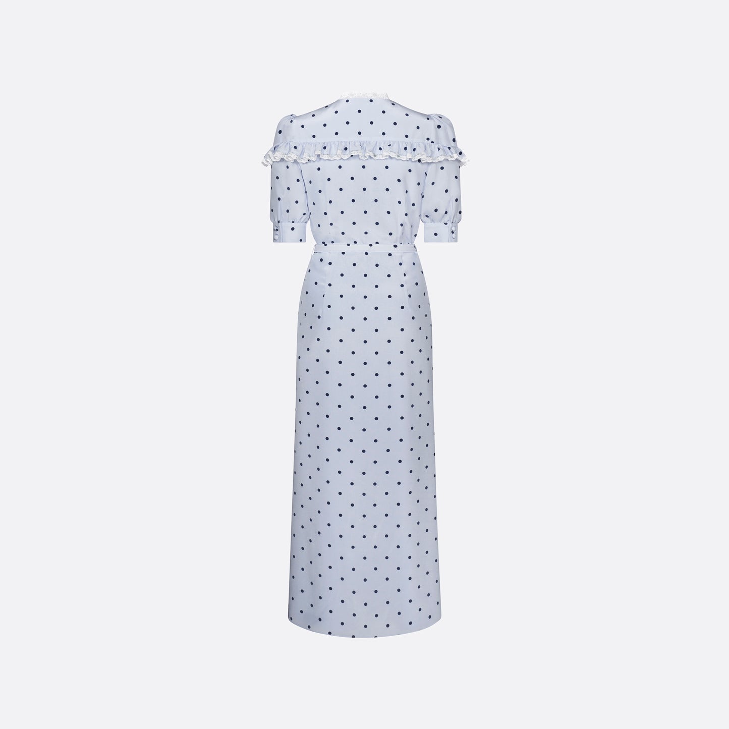Light blue polka-dot silk midi dress with a V-neckline, front button closure and short puff sleeves detailed with lace-trimmed ruffles. Finished with a slim belt.