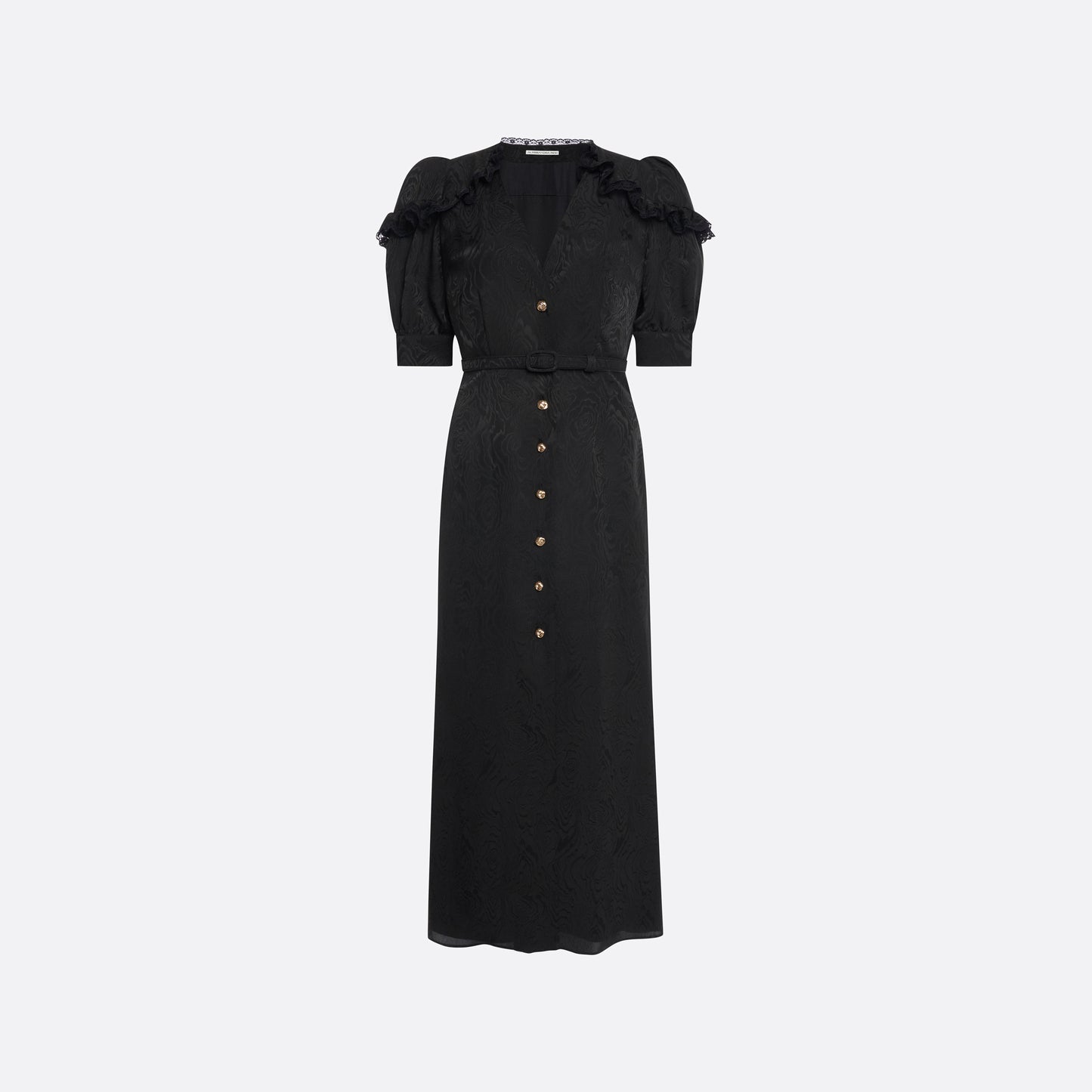 Black moiré silk jacquard midi dress with a V-neckline, front button closure and short puff sleeves detailed with lace-trimmed ruffles. Finished with jewel buttons and a slim belt.