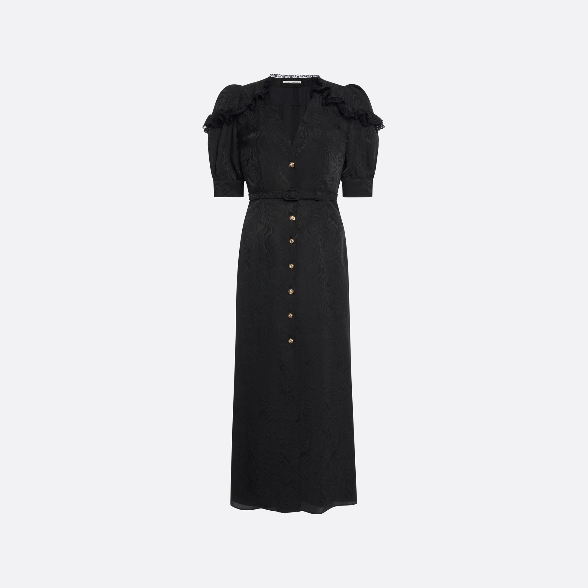 Black moiré silk jacquard midi dress with a V-neckline, front button closure and short puff sleeves detailed with lace-trimmed ruffles. Finished with jewel buttons and a slim belt.
