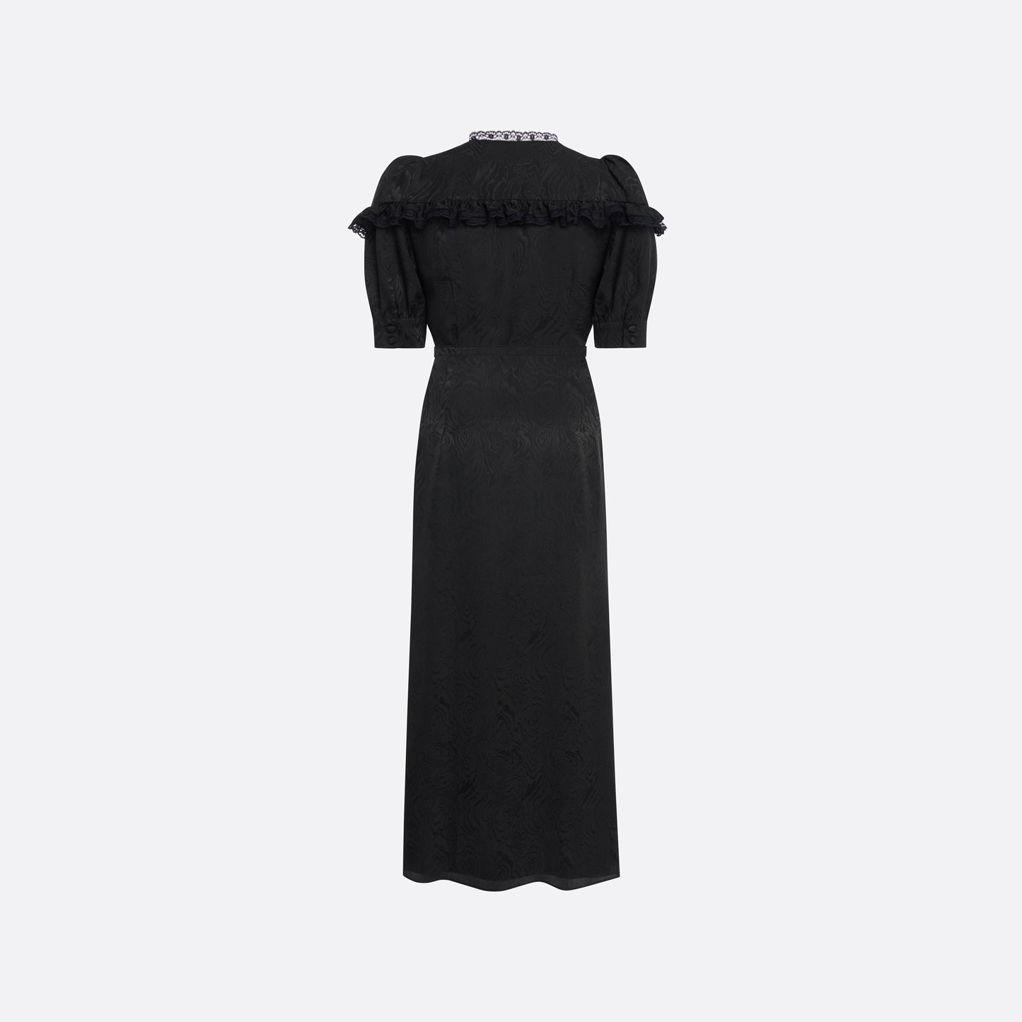 Black moiré silk jacquard midi dress with a V-neckline, front button closure and short puff sleeves detailed with lace-trimmed ruffles. Finished with jewel buttons and a slim belt.