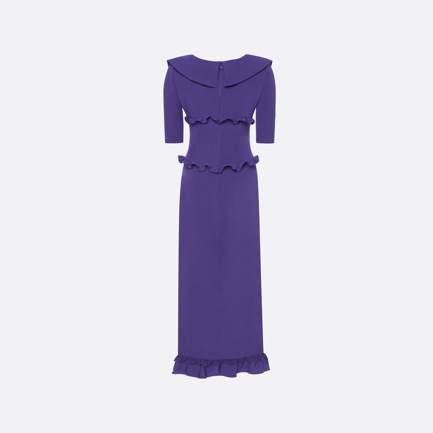 Purple silk crêpe de chine dress with a wide collar, ruffle details, bows and a centre split.

Look 7 – Fall Winter 2026 Lookbook.
