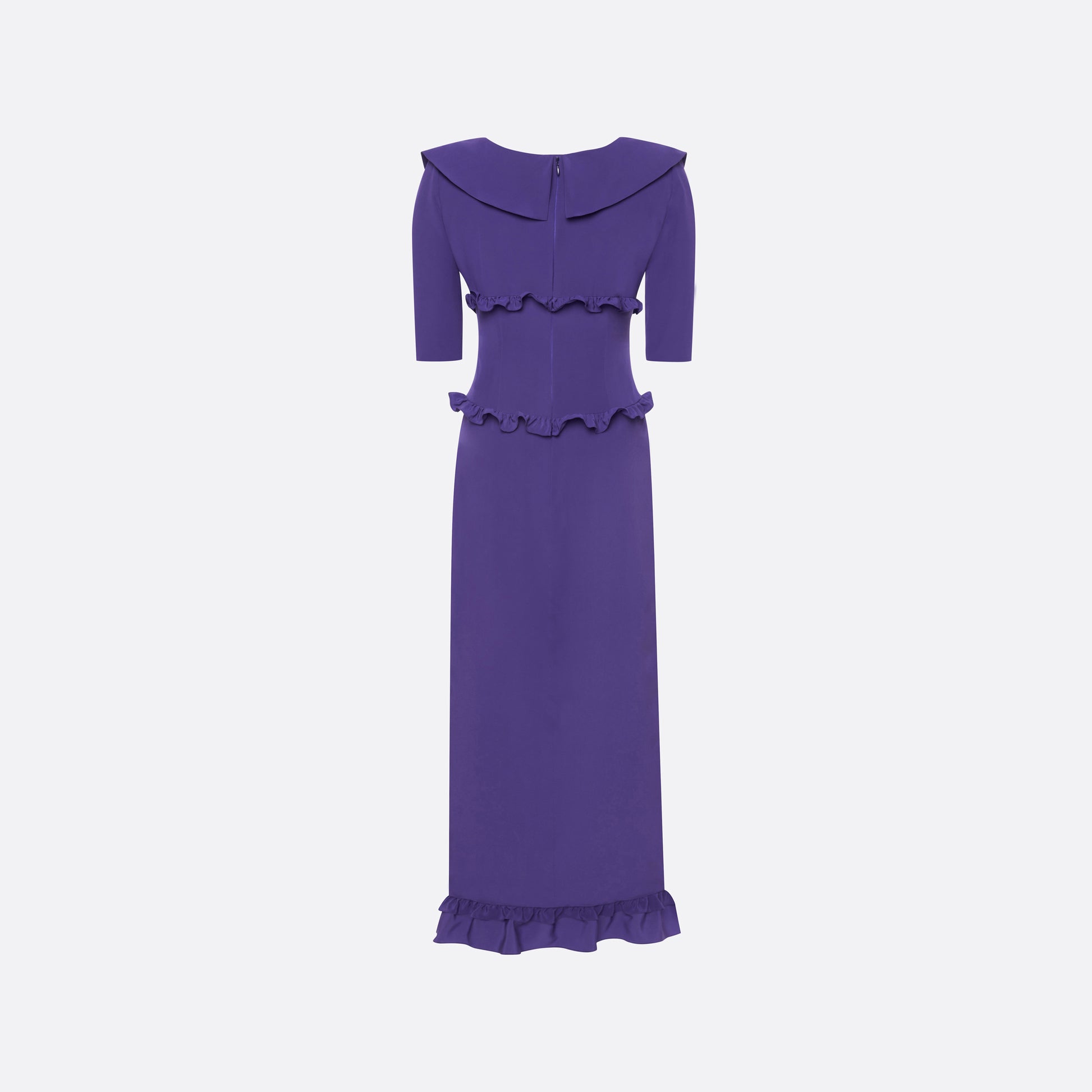 Purple silk crêpe de chine dress with a wide collar, ruffle details, bows and a centre split.

Look 7 – Fall Winter 2026 Lookbook.