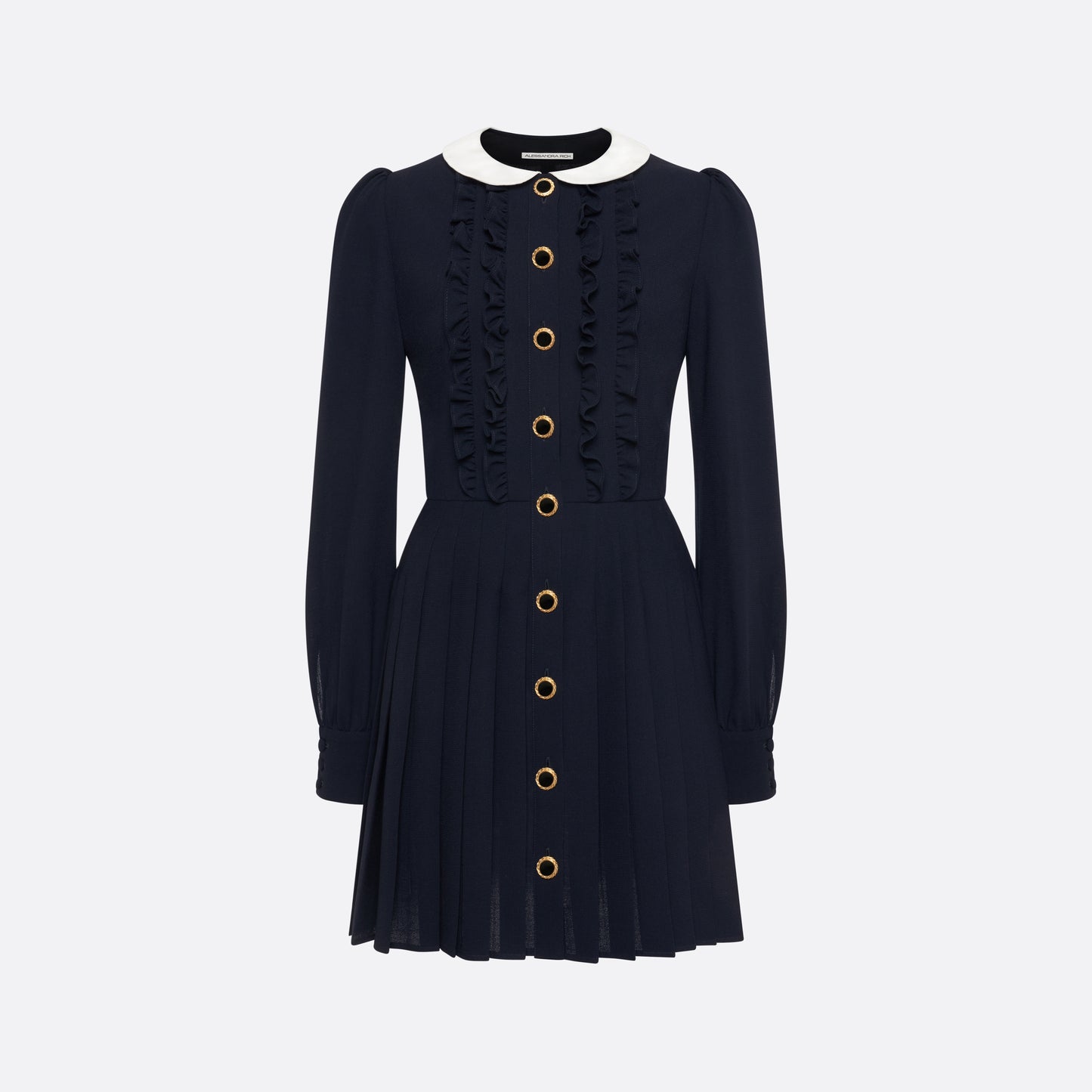 Navy blue light wool crêpe mini dress with a front button closure with black and gold tone buttons and a pleated skirt. Finished with a contrast collar and ruffle details.