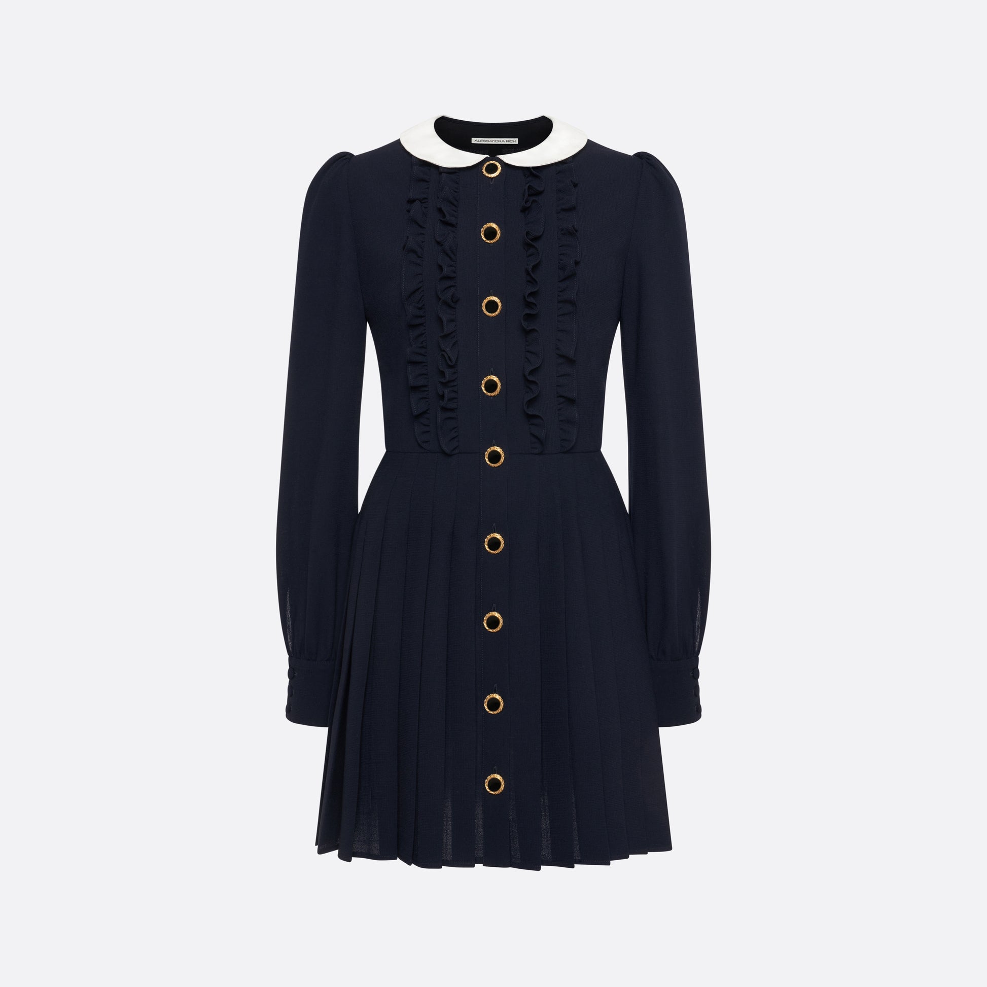 Navy blue light wool crêpe mini dress with a front button closure with black and gold tone buttons and a pleated skirt. Finished with a contrast collar and ruffle details.