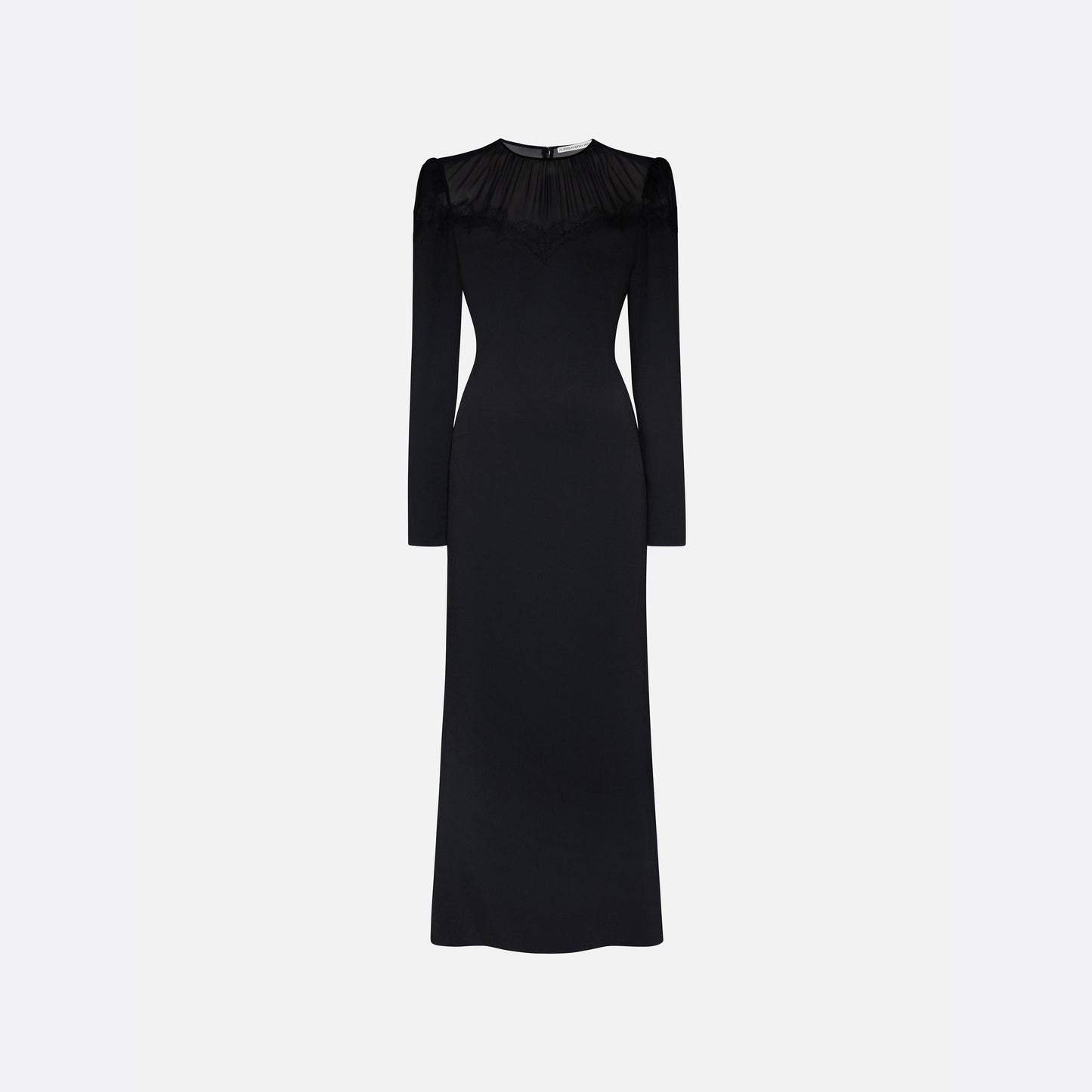 Black cady and silk georgette midi dress cut to a fitted silhouette with an A-line skirt. Finished with a sheer pleated yoke with delicate lace inlay.