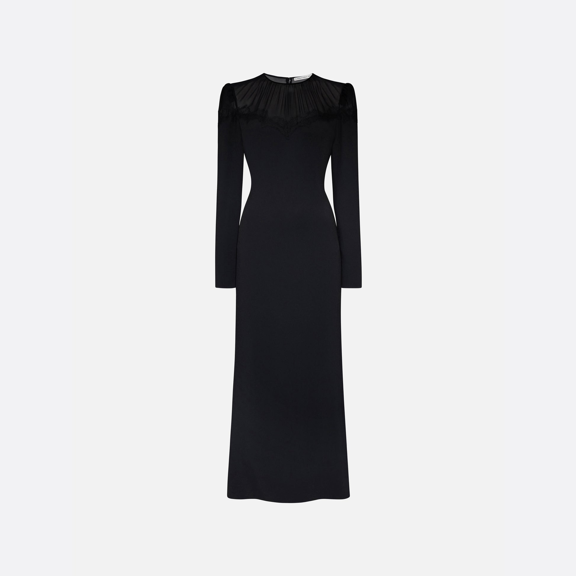 Black cady and silk georgette midi dress cut to a fitted silhouette with an A-line skirt. Finished with a sheer pleated yoke with delicate lace inlay.