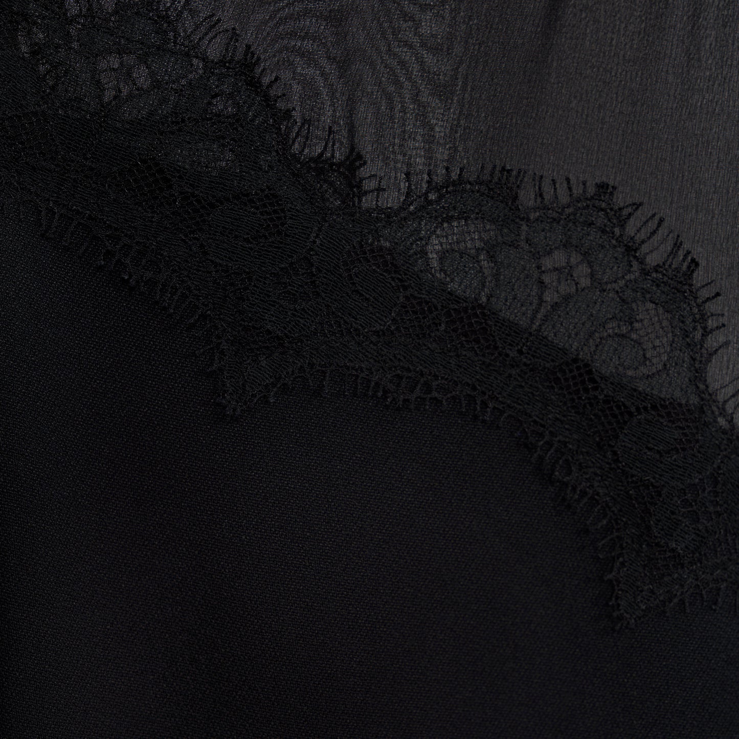 Black cady and silk georgette midi dress cut to a fitted silhouette with an A-line skirt. Finished with a sheer pleated yoke with delicate lace inlay.